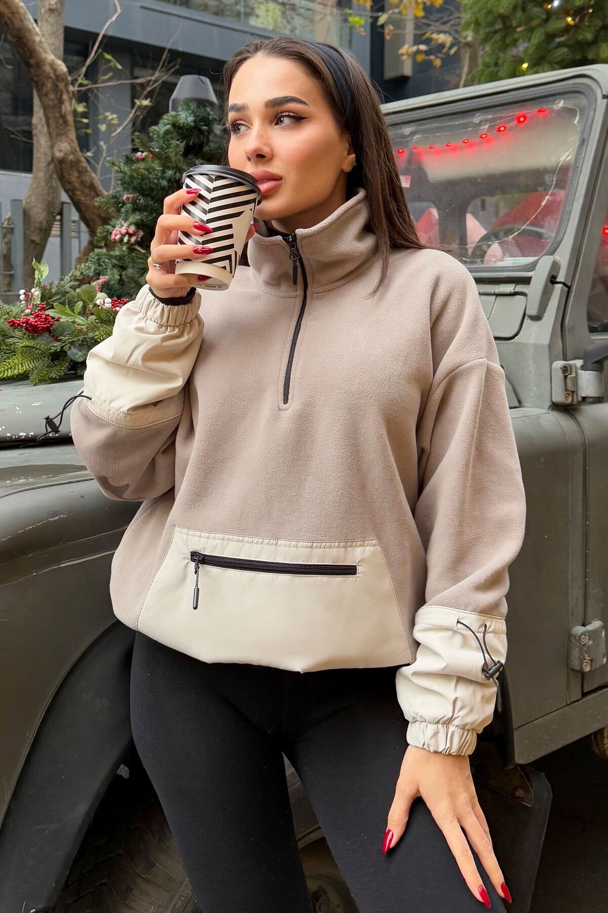 Dark Beige Skirt Hem Gathers Half-Zip Oversize Women's Fleece Sweatshirt - 97238