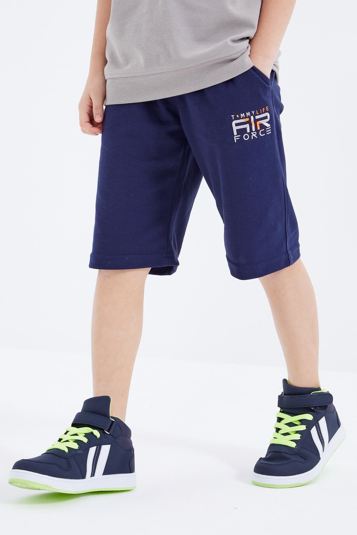 Dark Beige - Indigo Embroidered Oversize Boys' Shorts Set - 10897