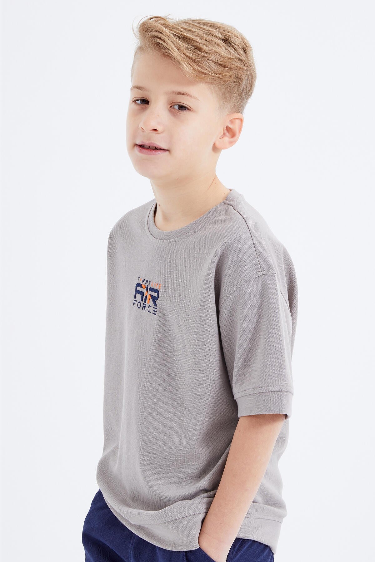 Dark Beige - Indigo Embroidered Oversize Boys' Shorts Set - 10897