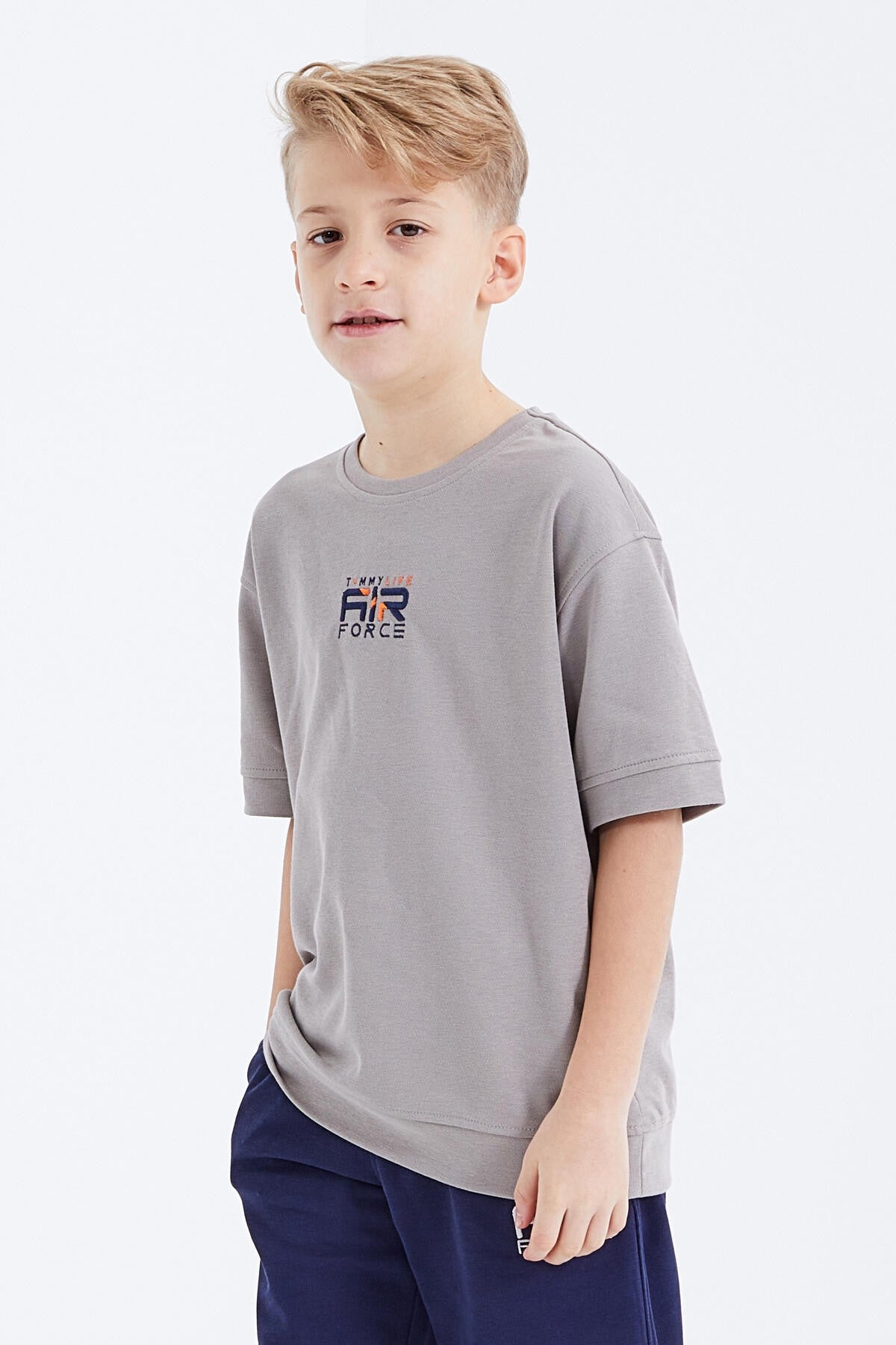 Dark Beige - Indigo Embroidered Oversize Boys' Shorts Set - 10897