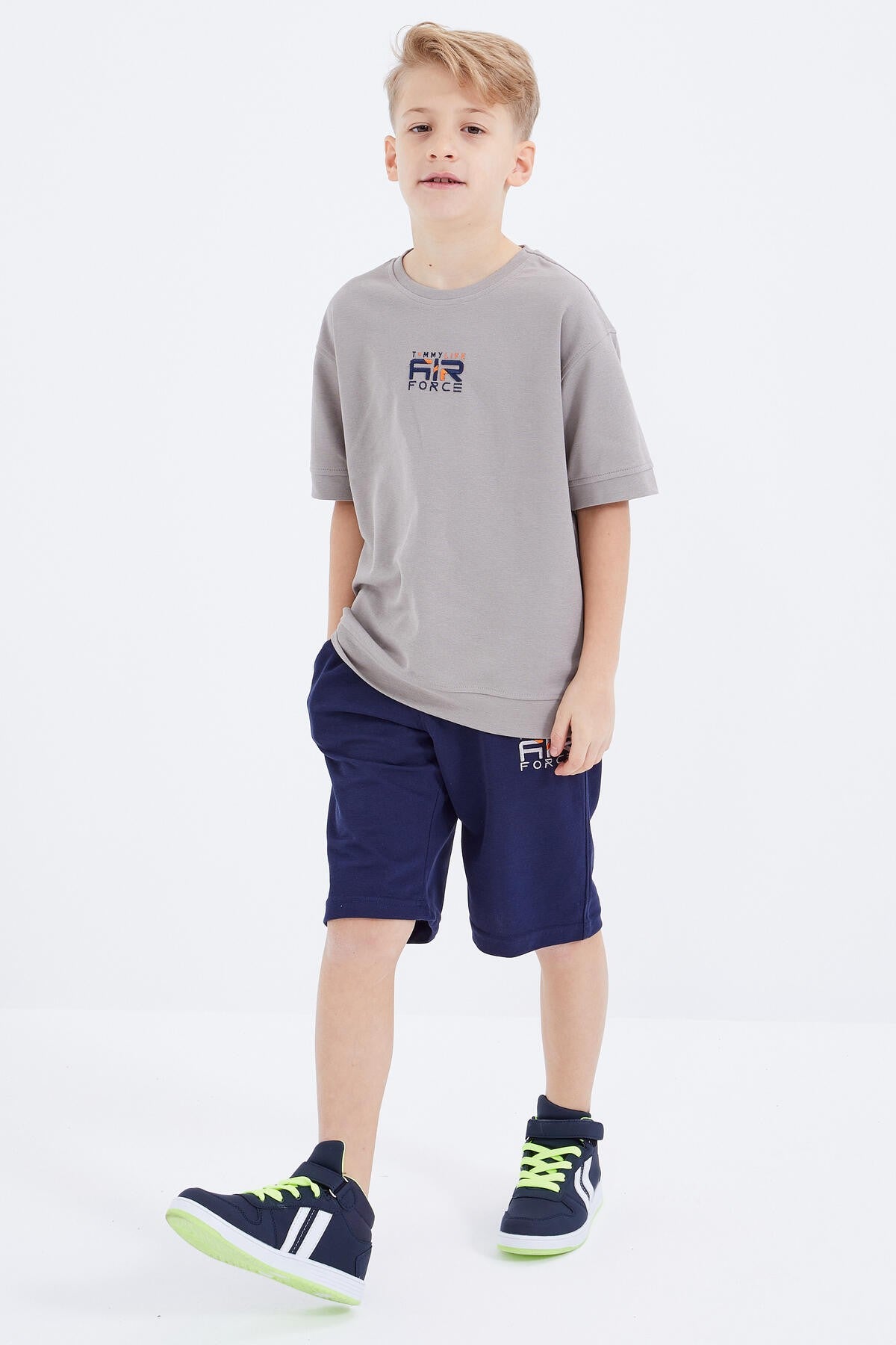 Dark Beige - Indigo Embroidered Oversize Boys' Shorts Set - 10897
