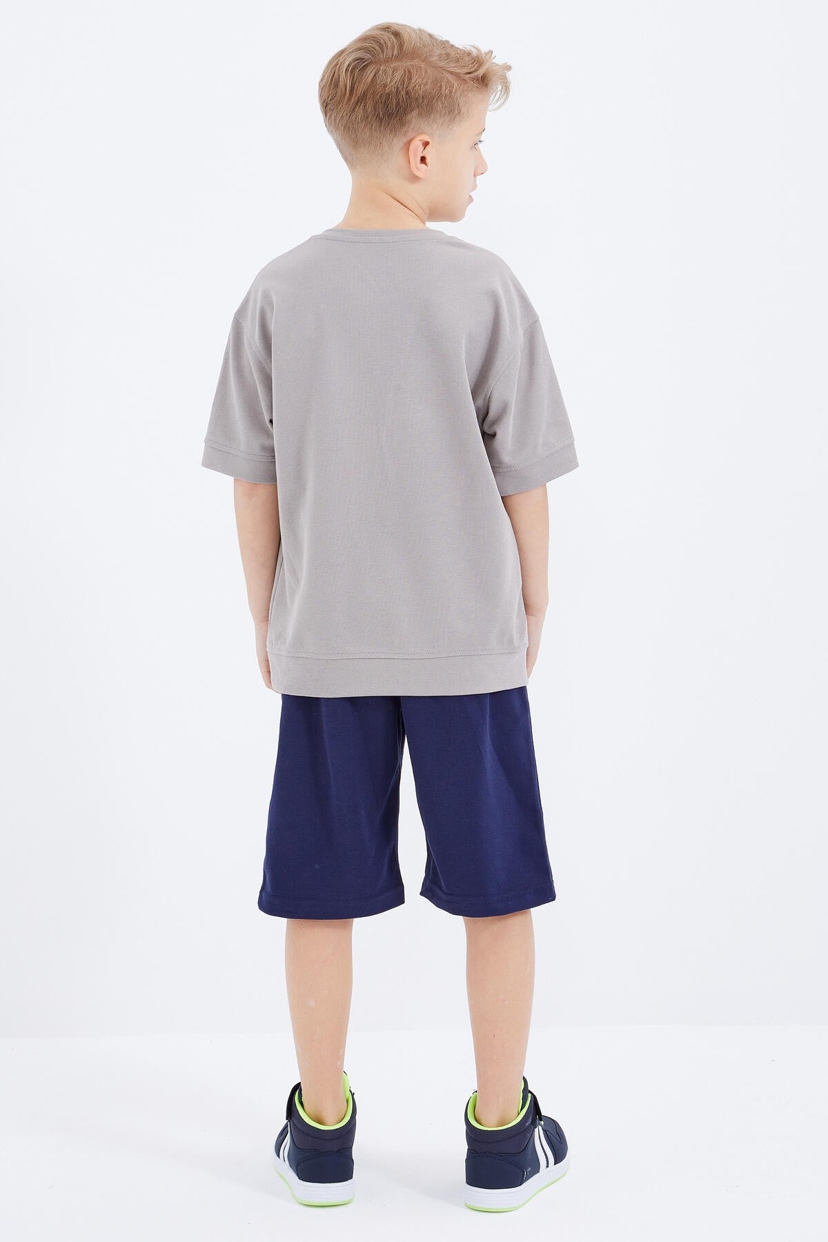 Dark Beige - Indigo Embroidered Oversize Boys' Shorts Set - 10897