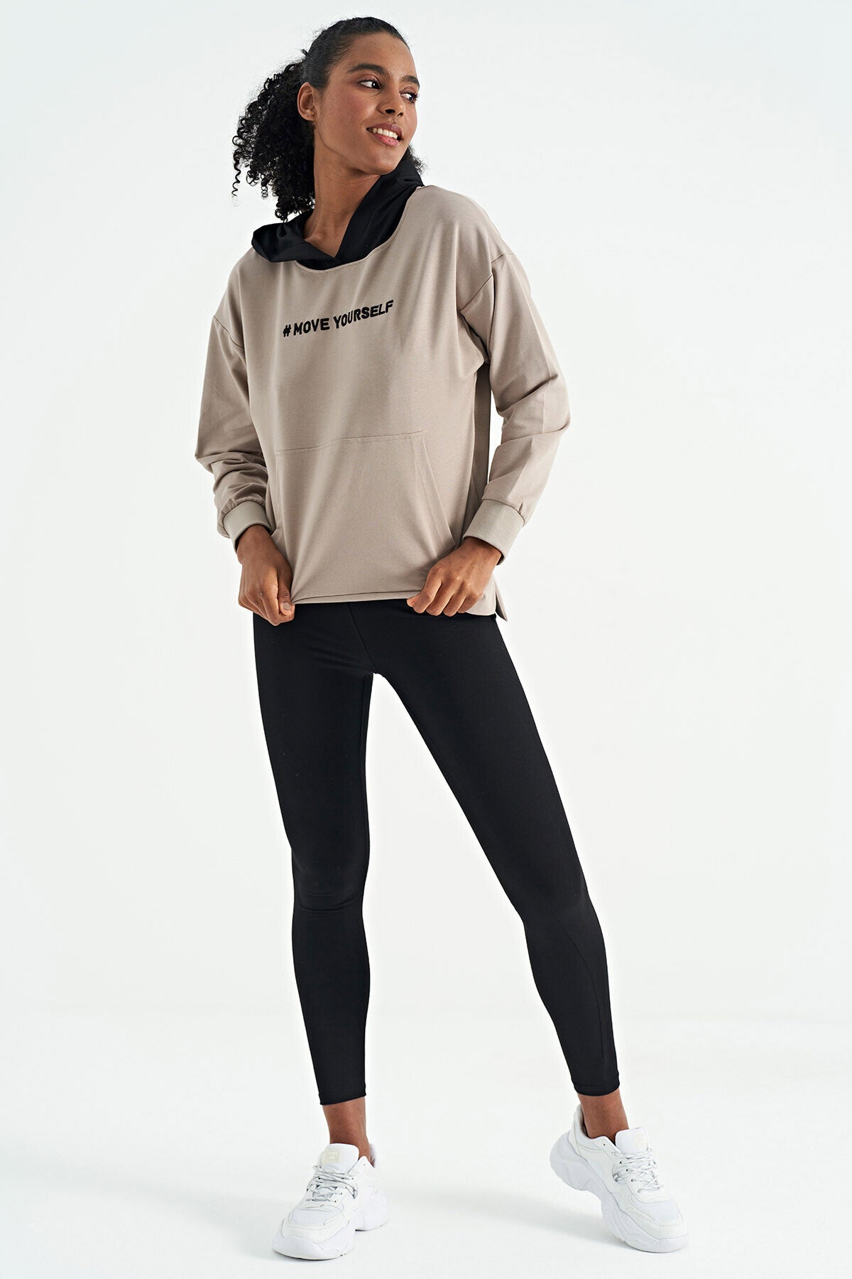 Dark Beige Women's Hooded Kangaroo Pocket Oversize Sweatshirt - 97161