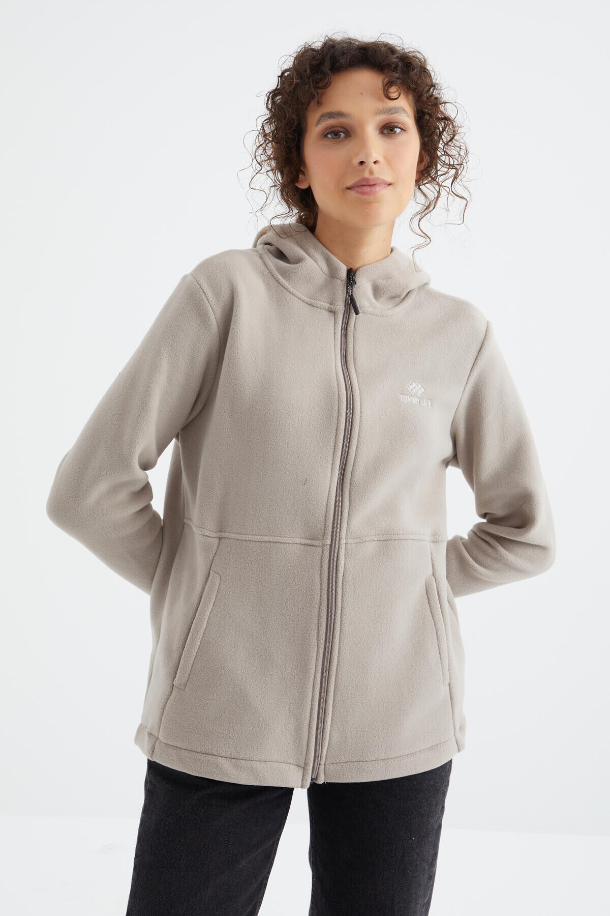 Dark Beige Hooded Zip-Up Comfort Fit Women's Fleece Sweatshirt - 97233
