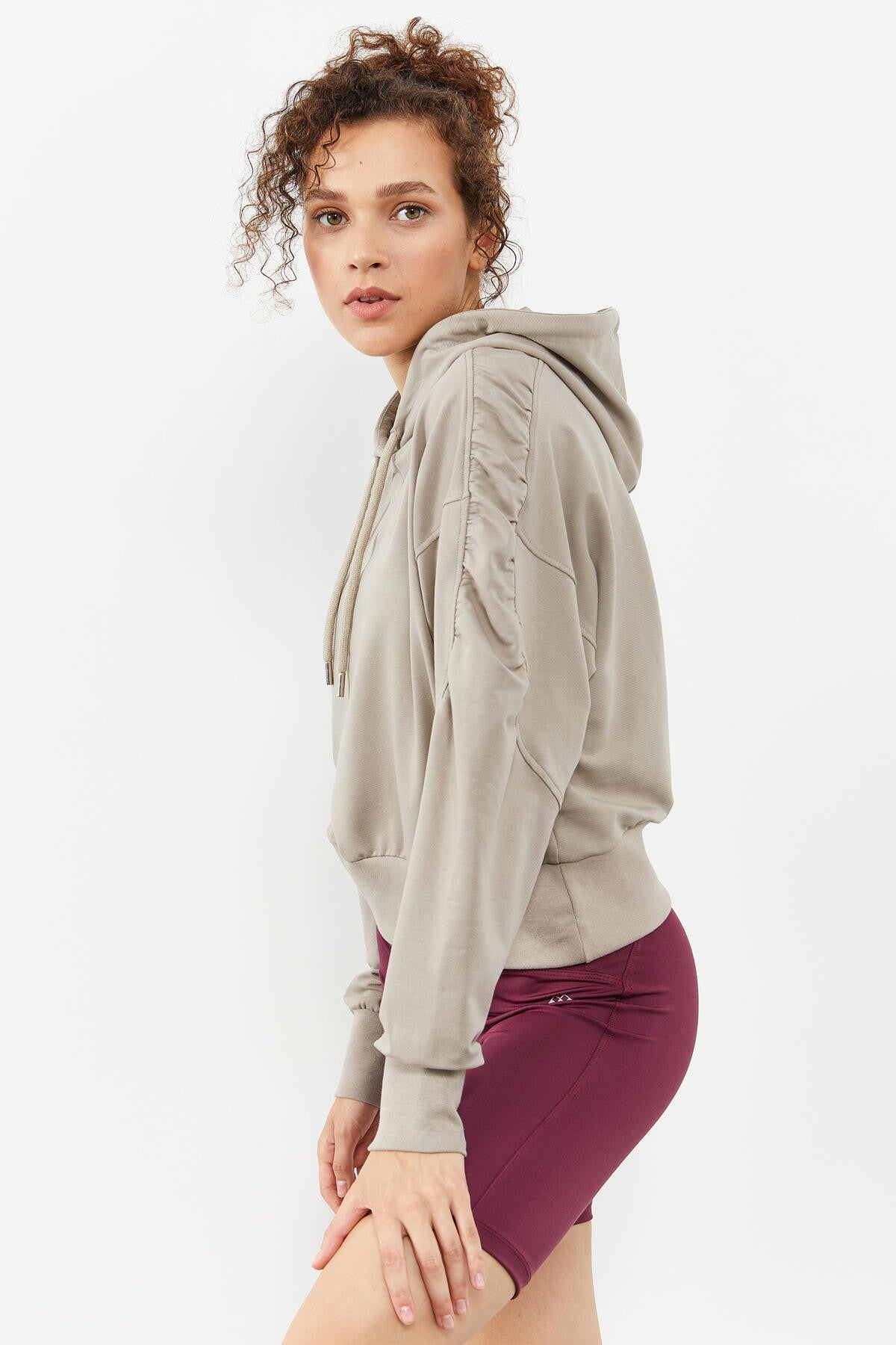 Dark Beige Shoulder Gather Detailed Puff Sleeve Comfortable Fit Women's Sweatshirt - 97166