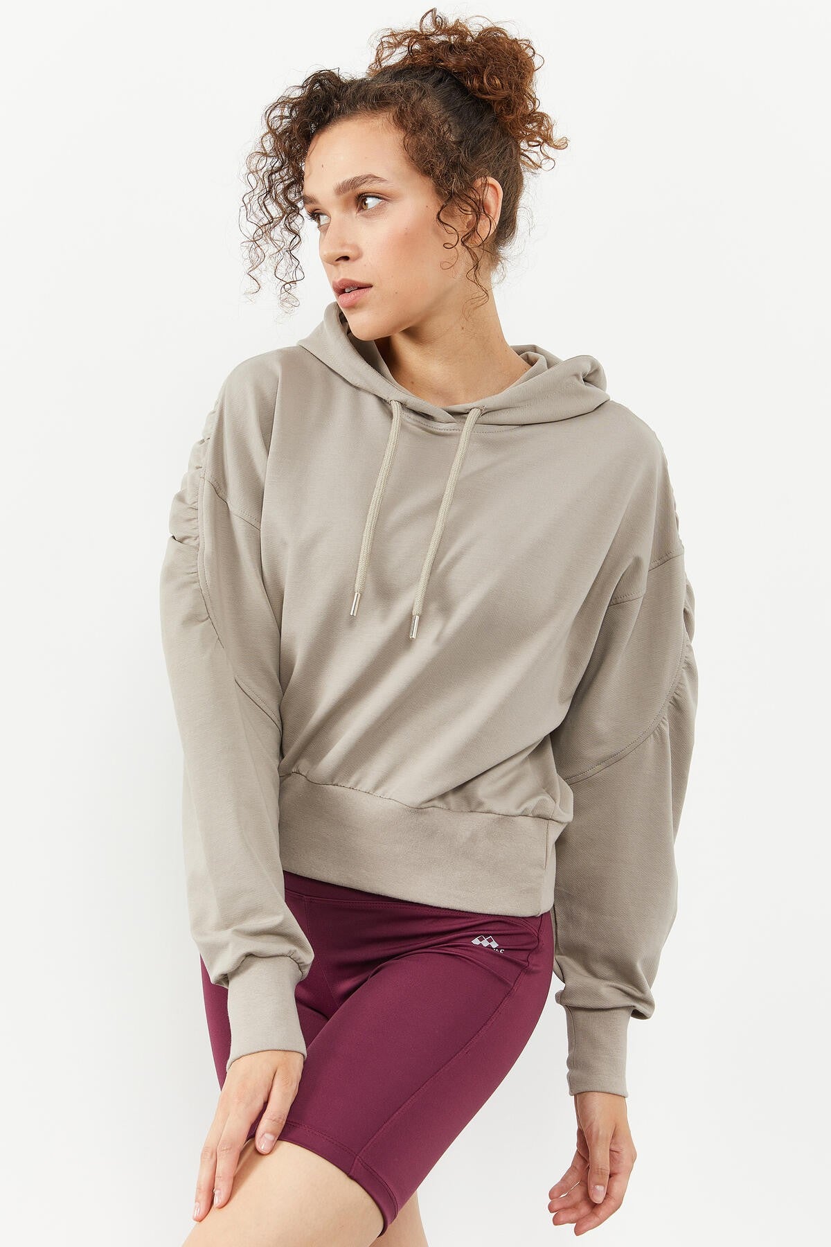 Dark Beige Shoulder Gather Detailed Puff Sleeve Comfortable Fit Women's Sweatshirt - 97166