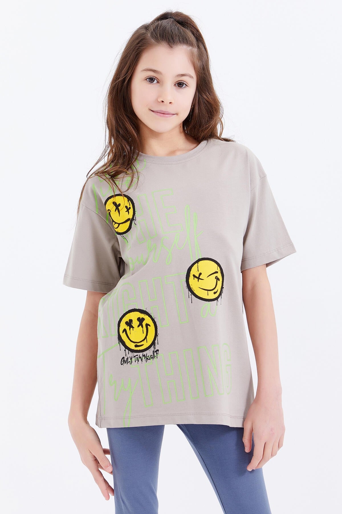 Dark Beige Oversize Emoji Print O Neck Drop Shoulder Girl's T-Shirt - 75042