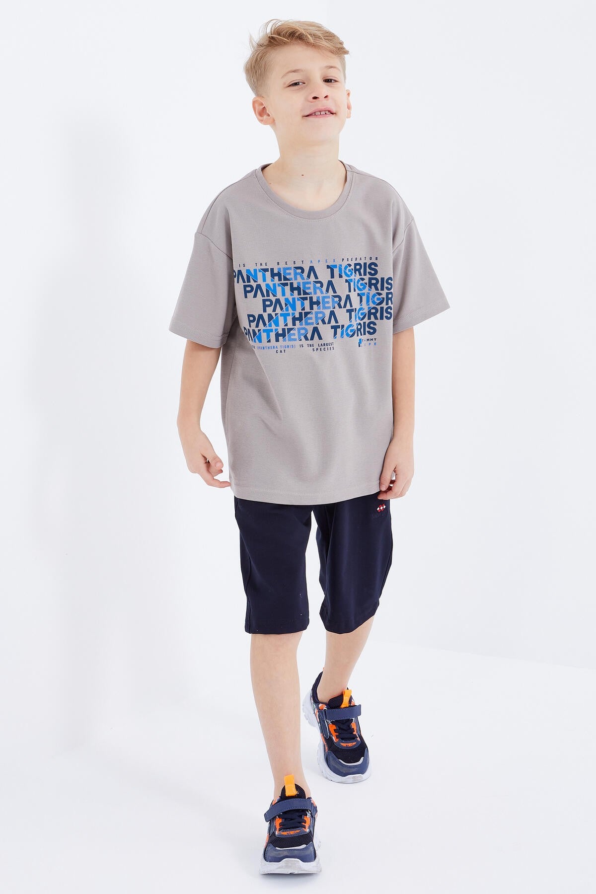 Dark Beige Oversize Printed Short Sleeve O Neck Boys' T-Shirt - 10930