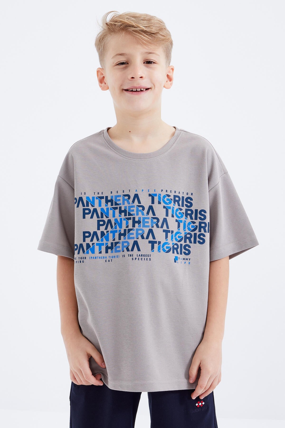 Dark Beige Oversize Printed Short Sleeve O Neck Boys' T-Shirt - 10930
