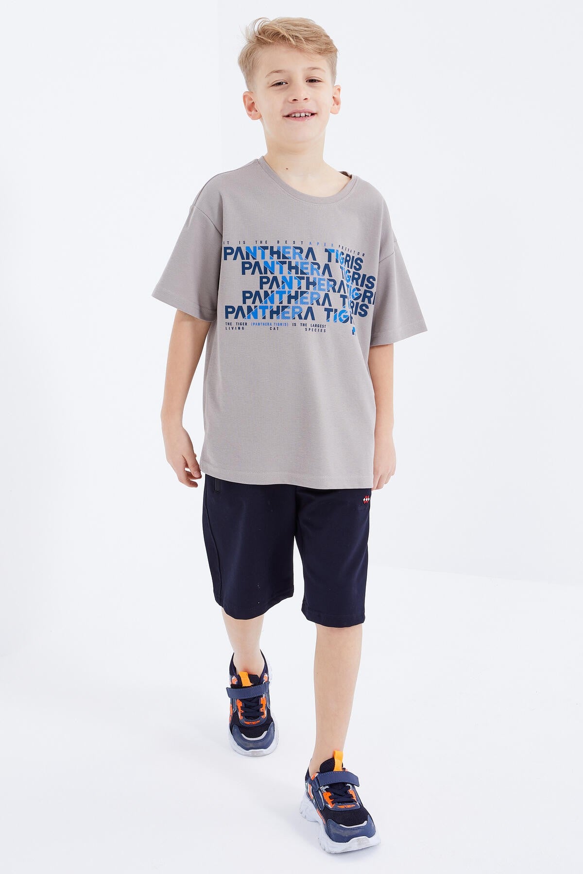 Dark Beige Oversize Printed Short Sleeve O Neck Boys' T-Shirt - 10930