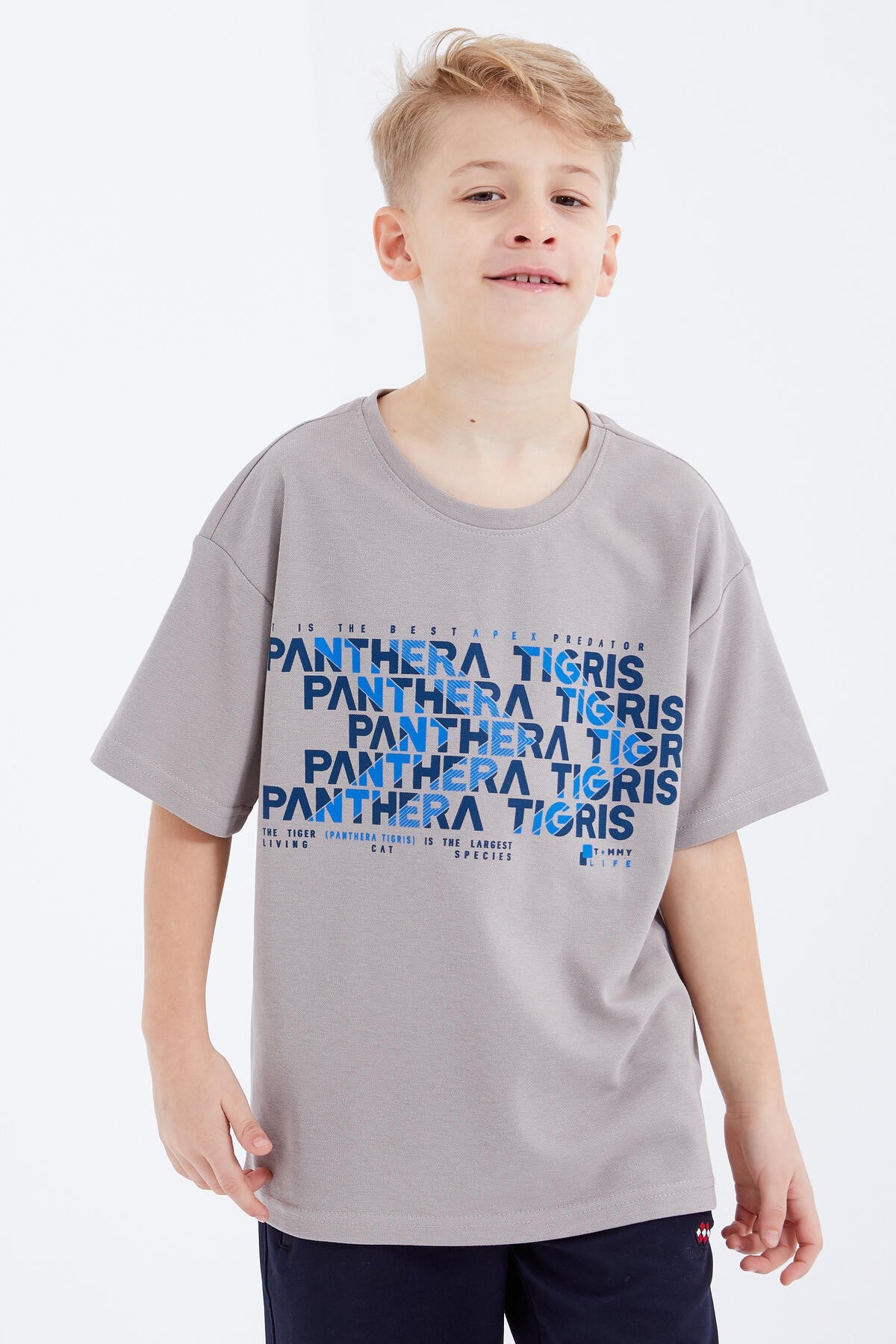 Dark Beige Oversize Printed Short Sleeve O Neck Boys' T-Shirt - 10930