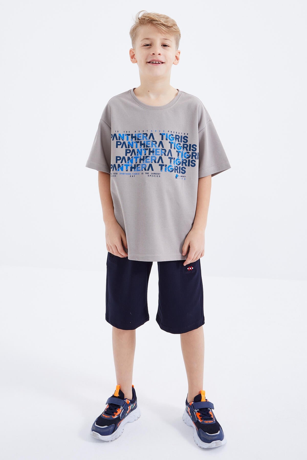 Dark Beige Oversize Printed Short Sleeve O Neck Boys' T-Shirt - 10930