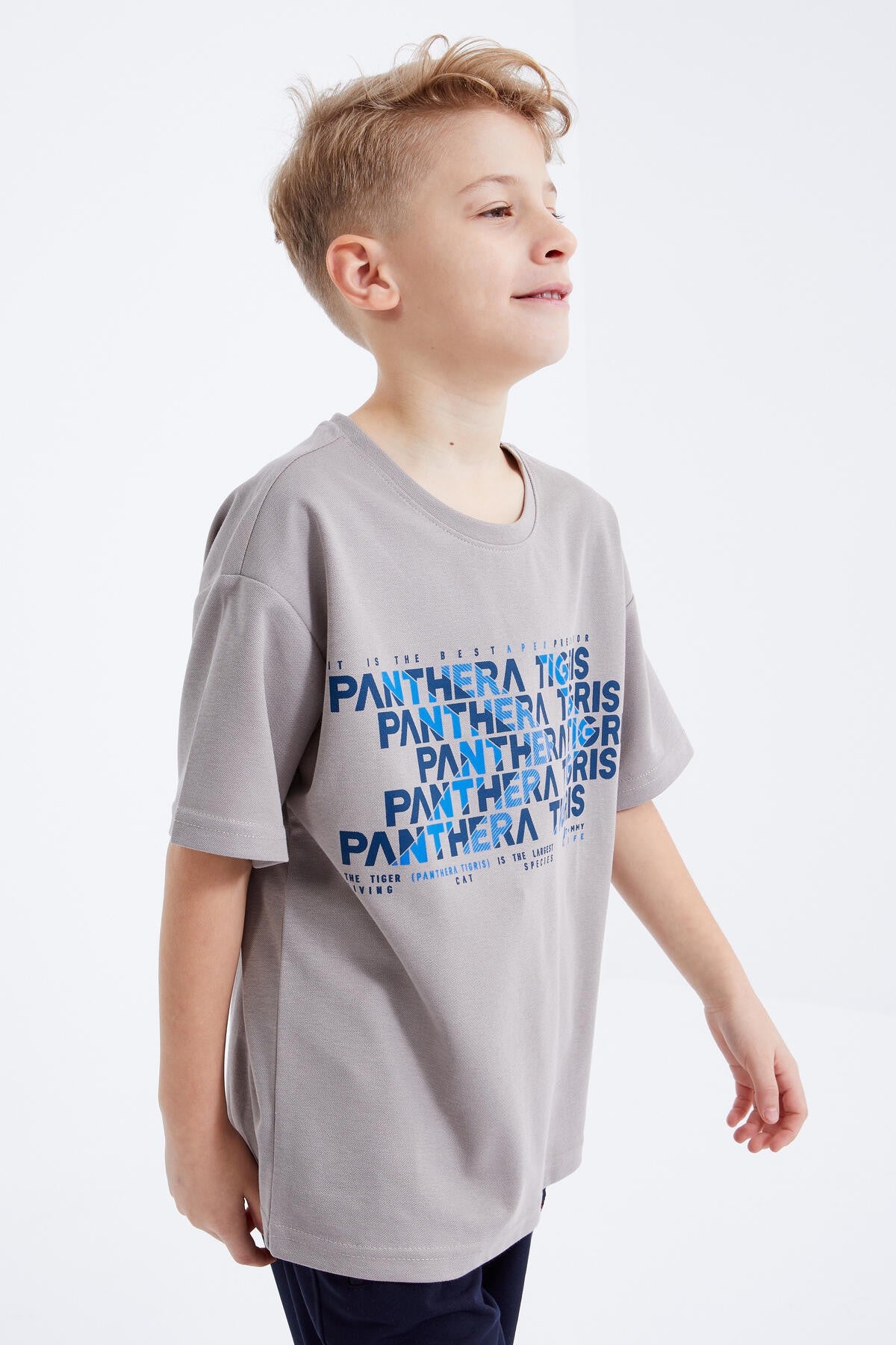 Dark Beige Oversize Printed Short Sleeve O Neck Boys' T-Shirt - 10930