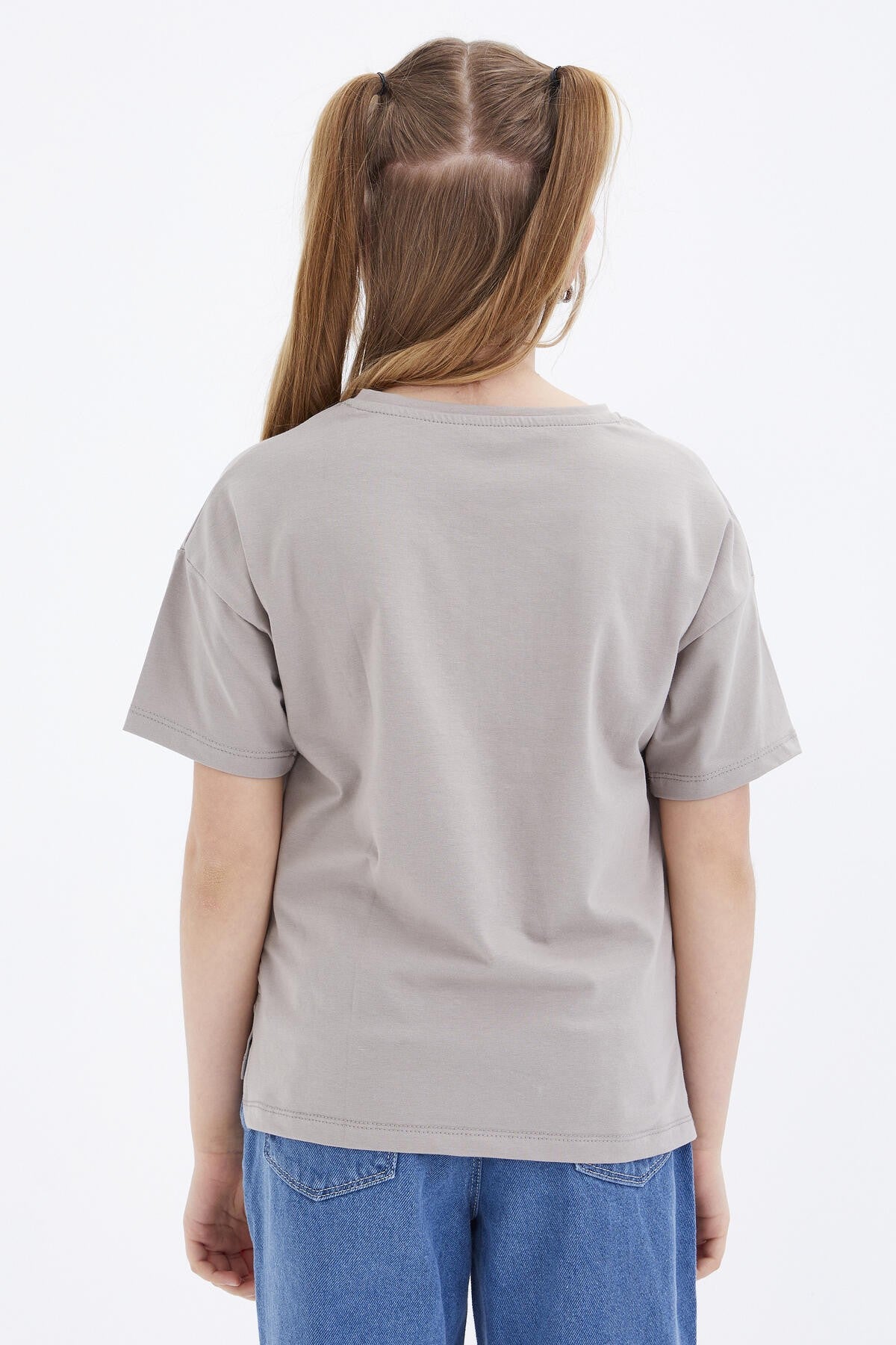 Dark Beige Oversize Print O Collar Drop Shoulder Girls' T-Shirt - 75028