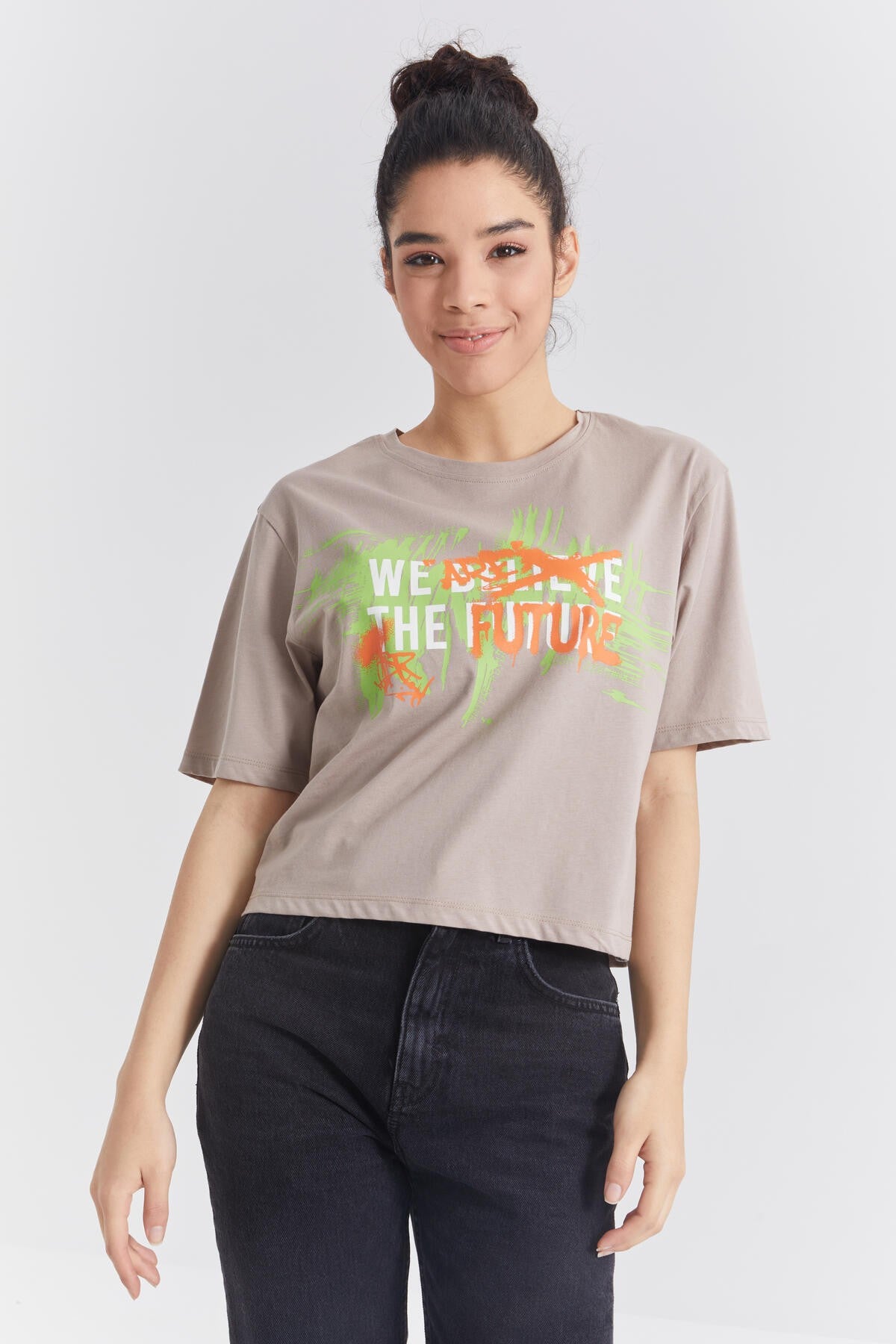 Dark Beige Color Print O Collar Women's Oversize T-Shirt - 97212