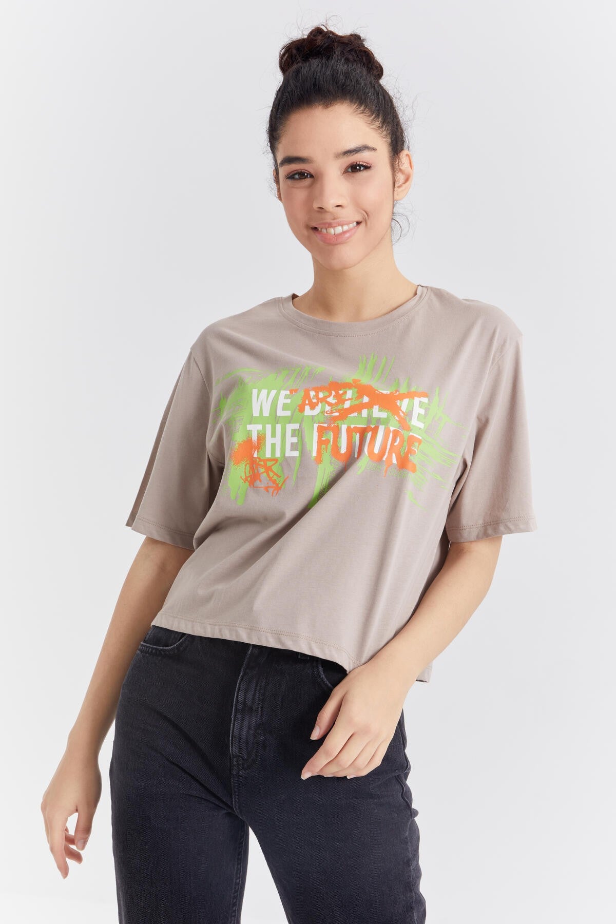 Dark Beige Color Print O Collar Women's Oversize T-Shirt - 97212