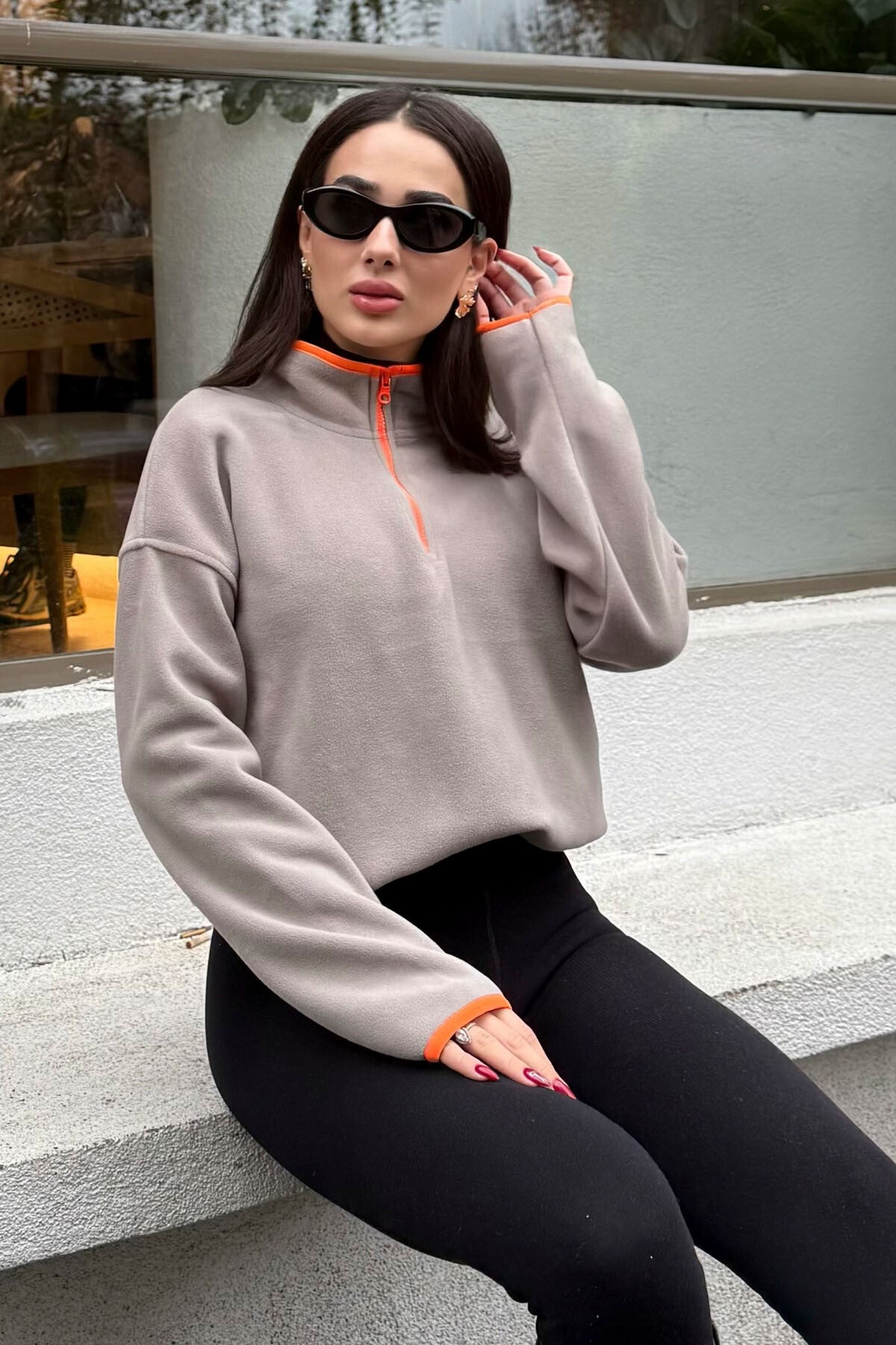 Dark Beige Half-Zip Skirt with Gathered Hem, Stand Collar Oversized Women's Fleece Sweatshirt - 97234