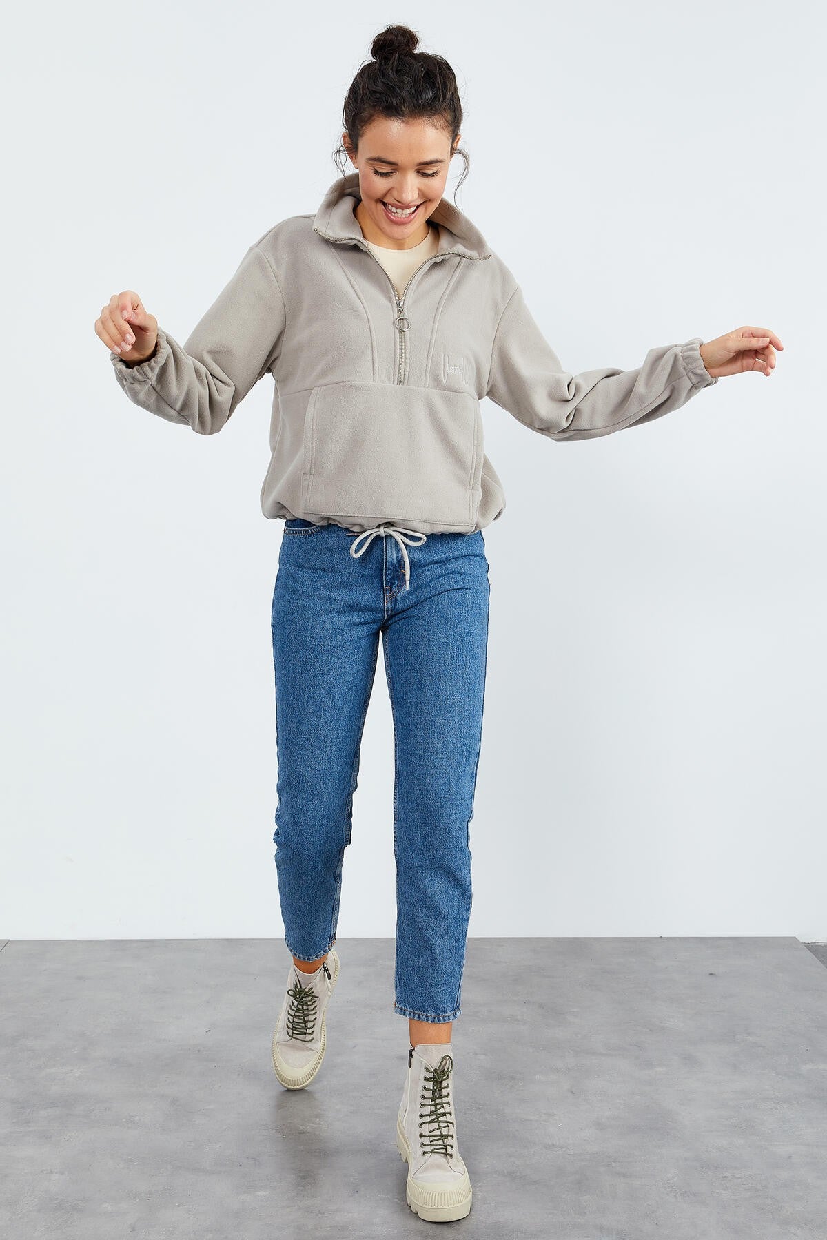 Dark Beige Half-Zip Skirt with Gathered Hem Women's Polar Oversize Sweatshirt - 97171