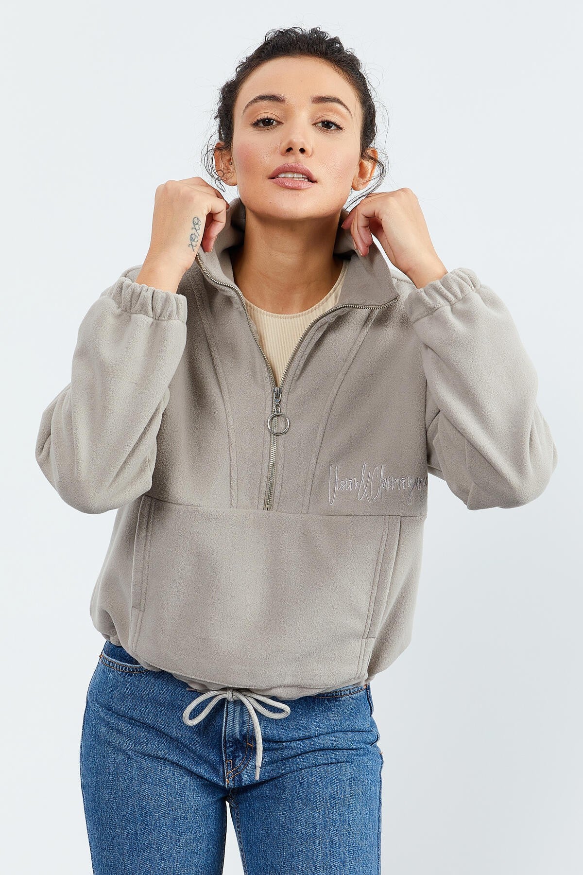 Dark Beige Half-Zip Skirt with Gathered Hem Women's Polar Oversize Sweatshirt - 97171