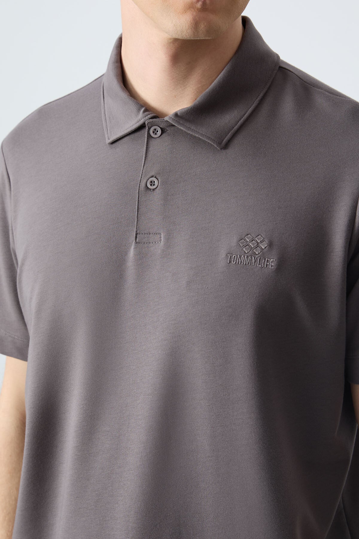 Dark Gray Basic Logo Standard Fit Knitted Polo Collar Men's T-Shirt - 87748