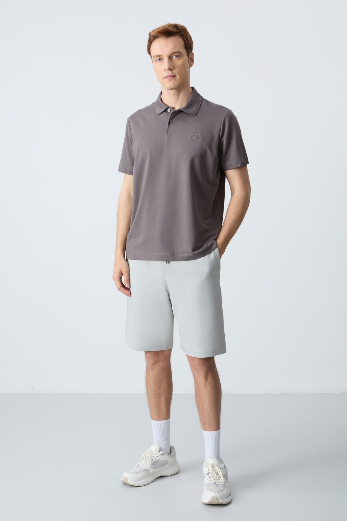 Dark Gray Basic Logo Standard Fit Knitted Polo Collar Men's T-Shirt - 87748
