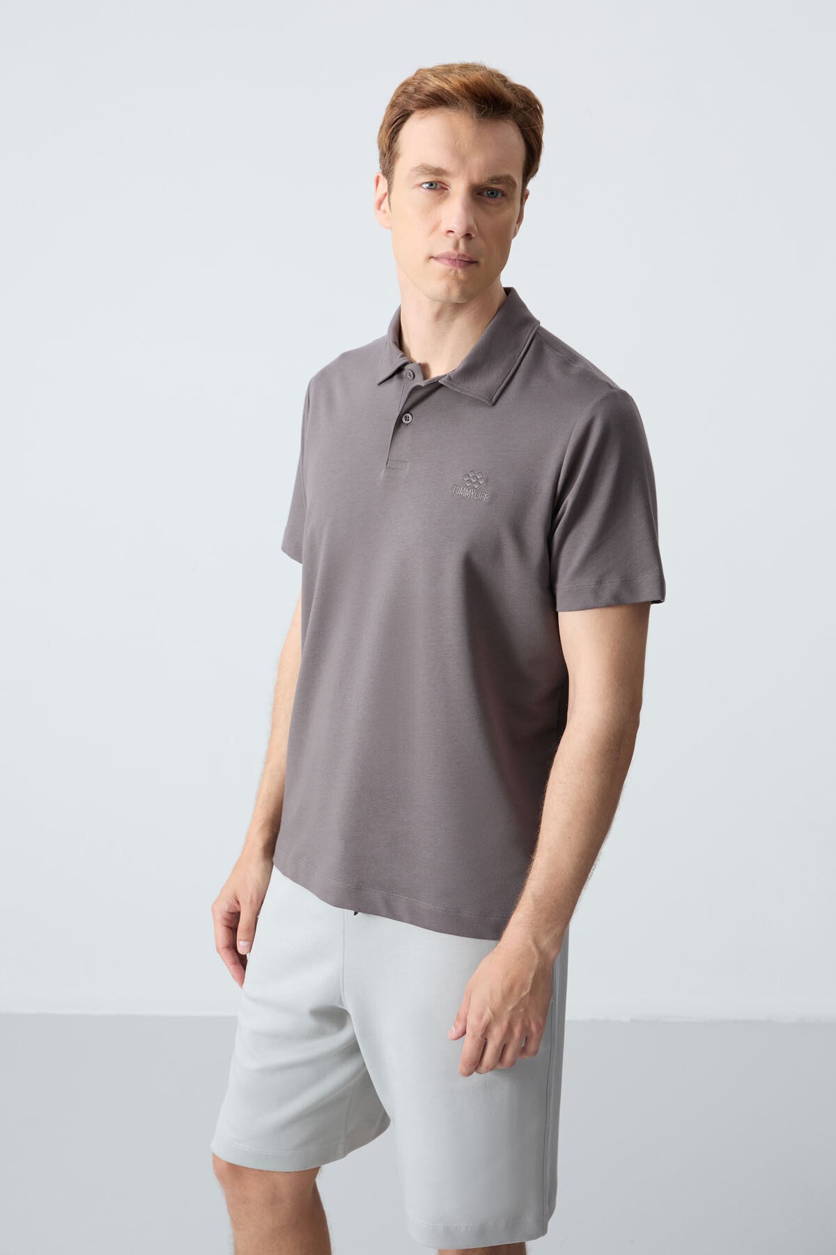 Dark Gray Basic Logo Standard Fit Knitted Polo Collar Men's T-Shirt - 87748