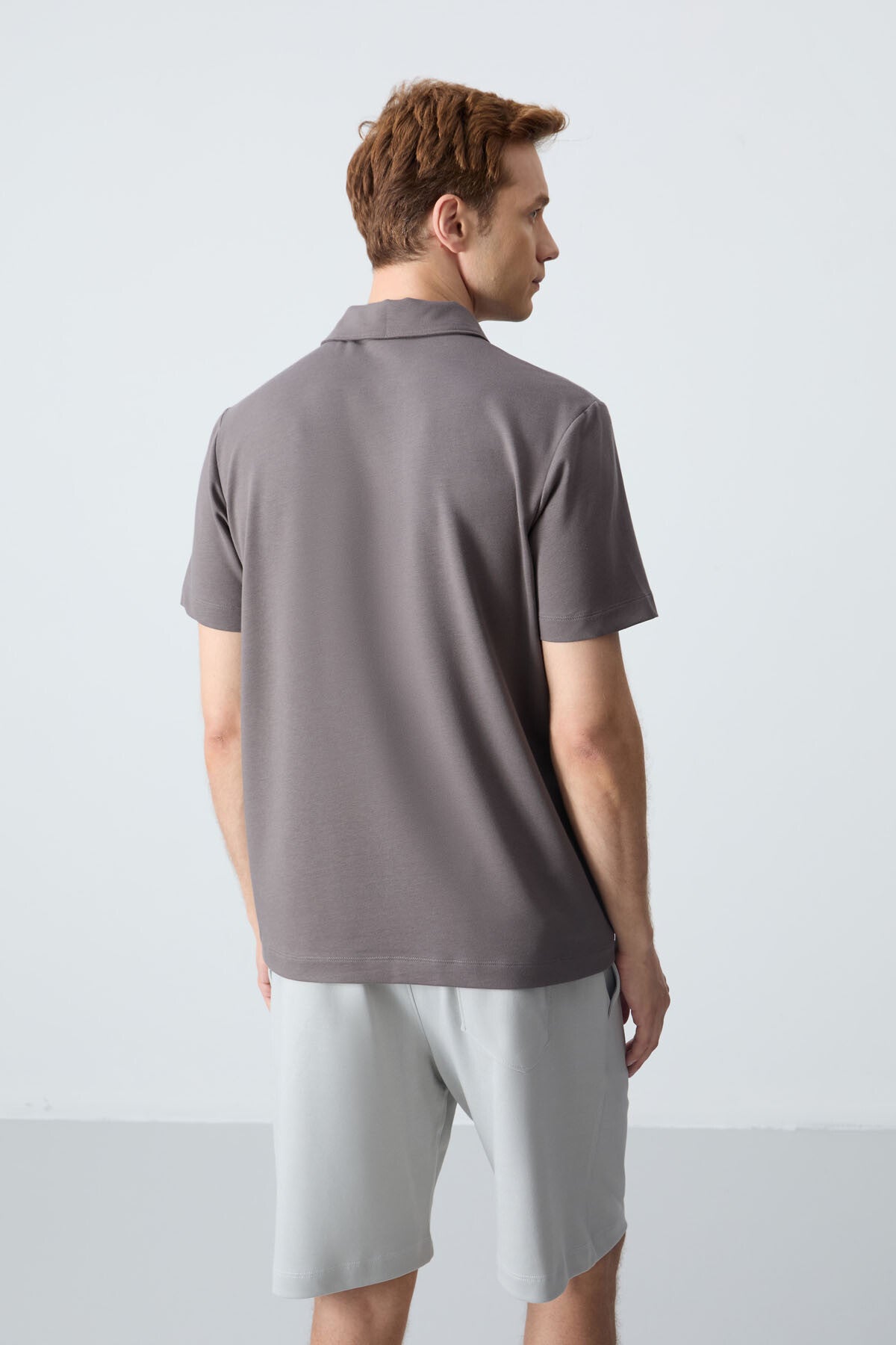 Dark Gray Basic Logo Standard Fit Knitted Polo Collar Men's T-Shirt - 87748