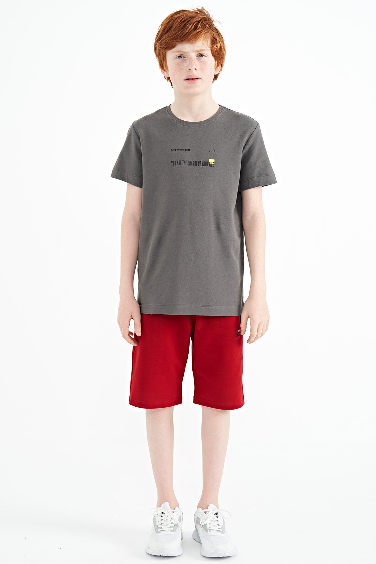 Dark Gray Print Detailed O Collar Standard Fit Men's Kids T-Shirt - 11117