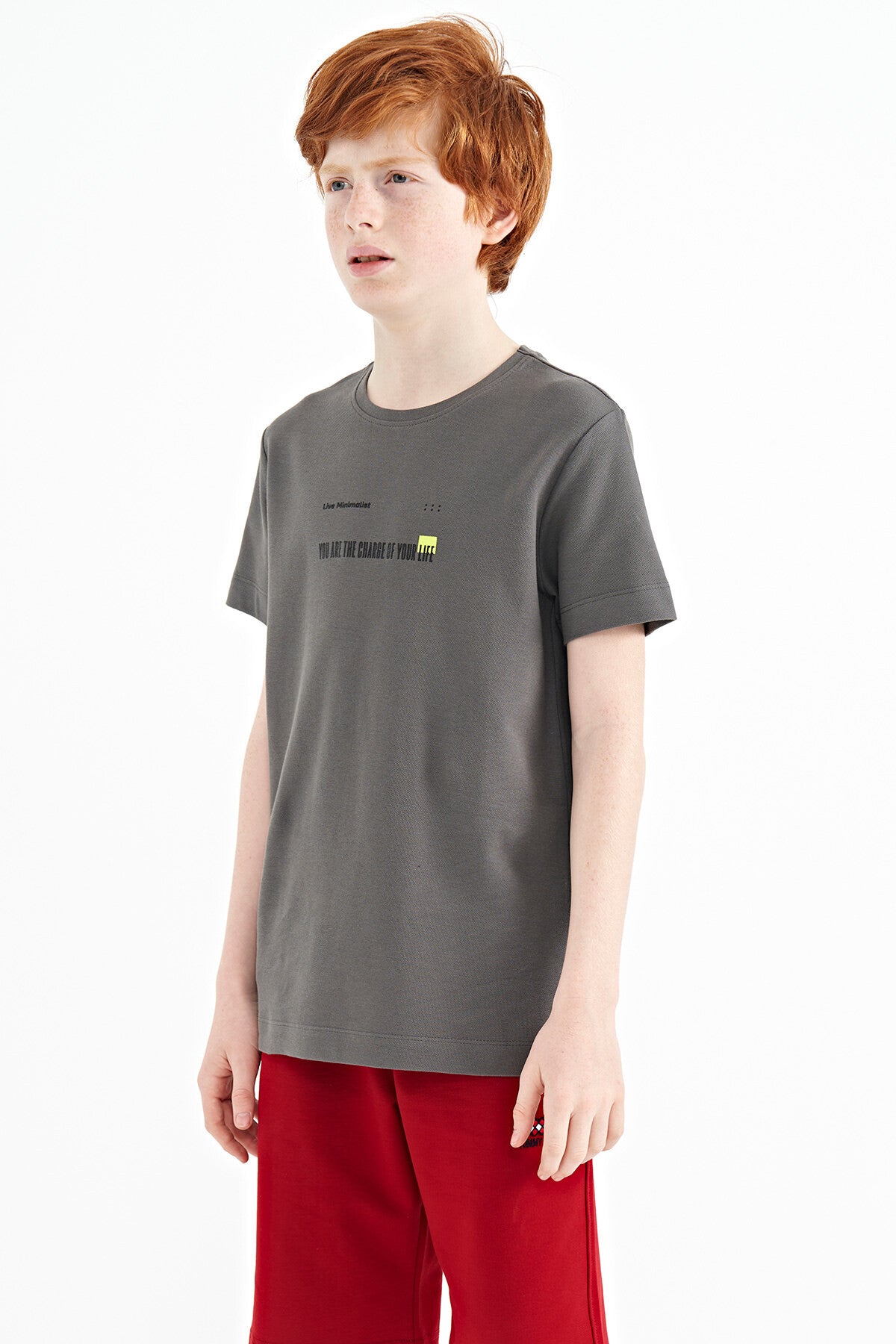 Dark Gray Print Detailed O Collar Standard Fit Men's Kids T-Shirt - 11117