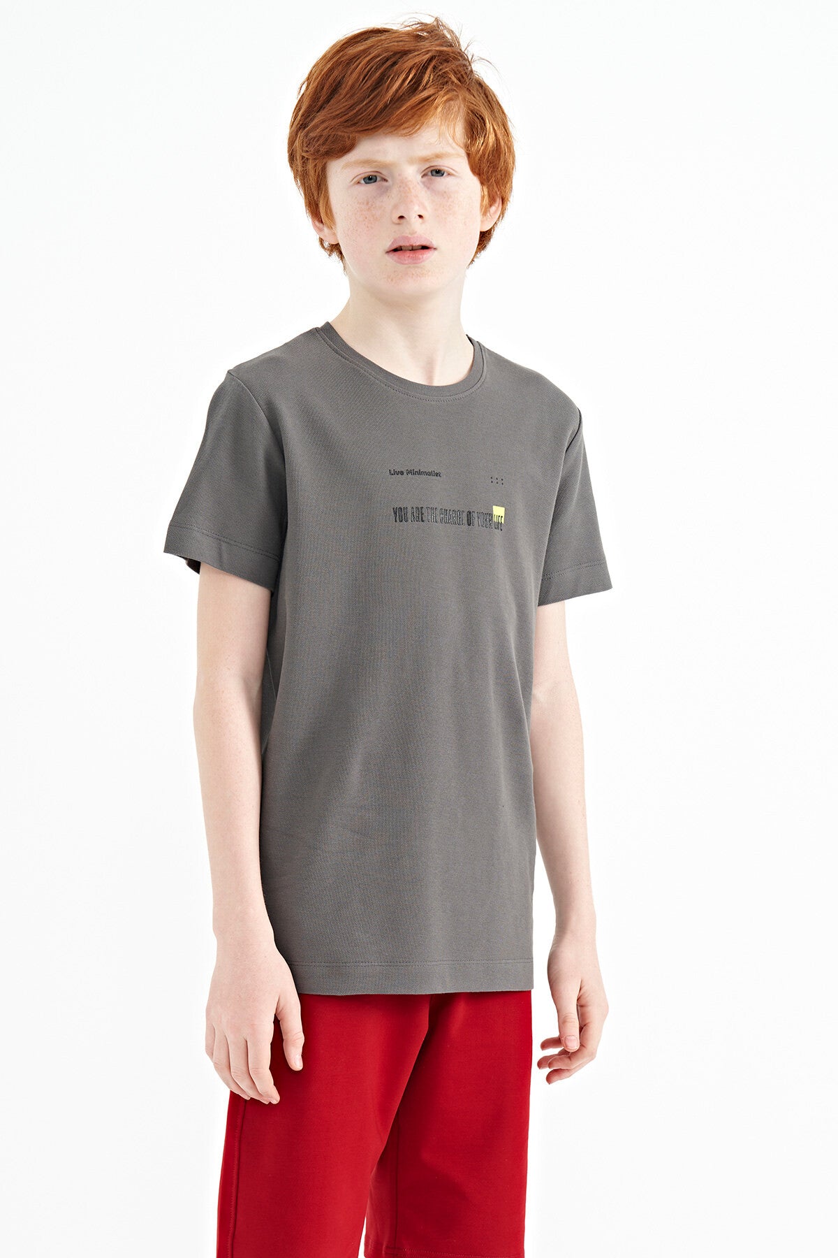 Dark Gray Print Detailed O Collar Standard Fit Men's Kids T-Shirt - 11117