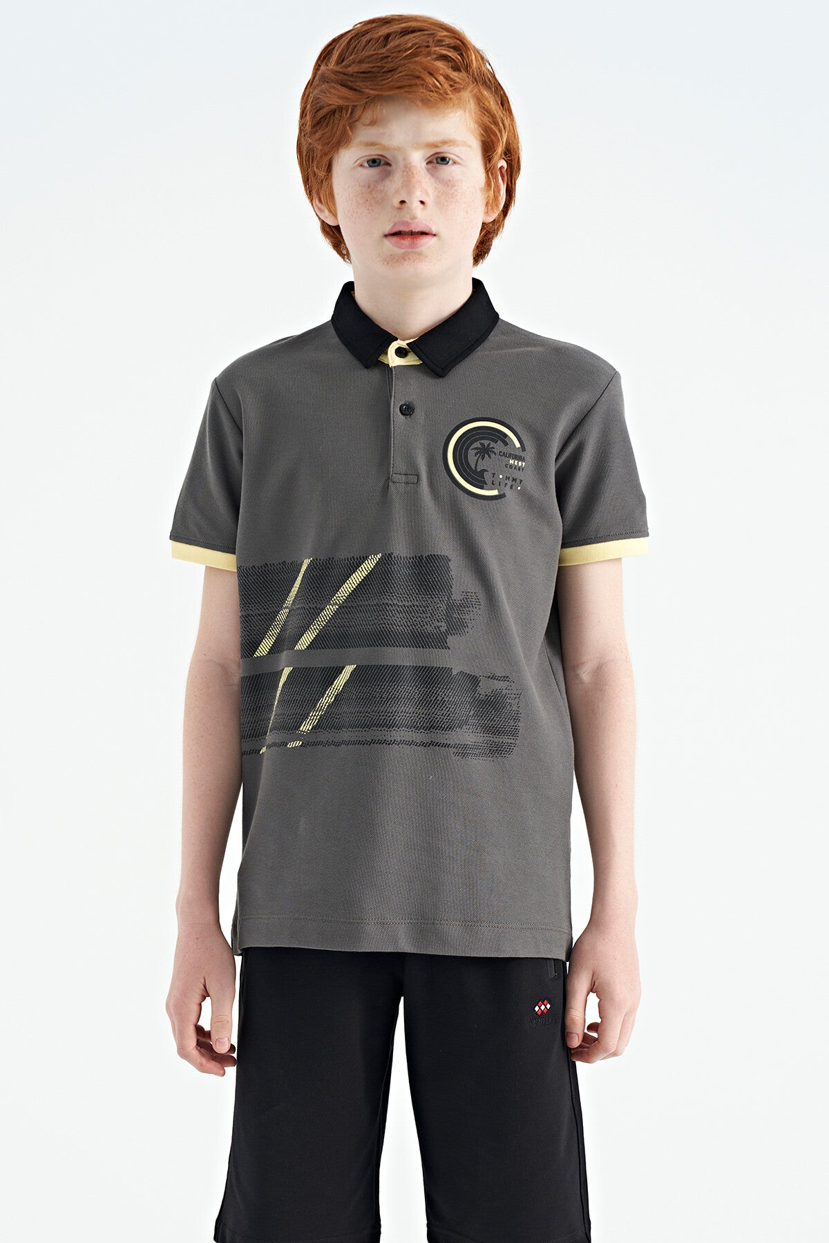 Dark Grey Print Detailed Polo Collar Standard Fit Boys T-Shirt - 11094