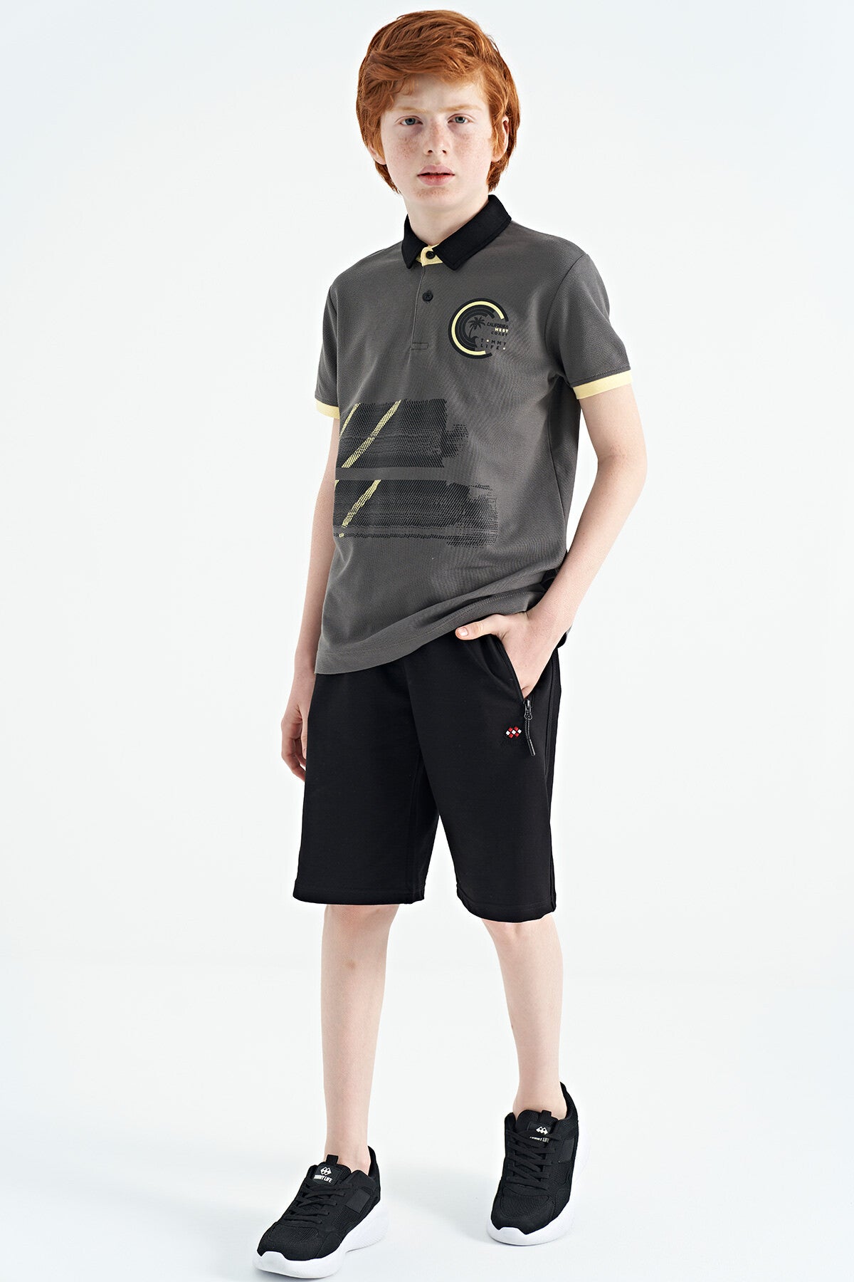 Dark Grey Print Detailed Polo Collar Standard Fit Boys T-Shirt - 11094