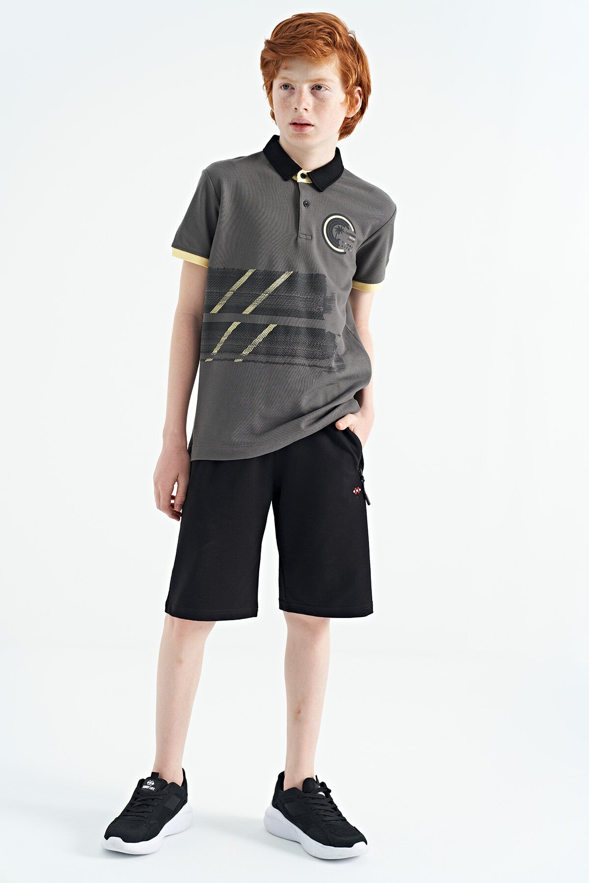 Dark Grey Print Detailed Polo Collar Standard Fit Boys T-Shirt - 11094