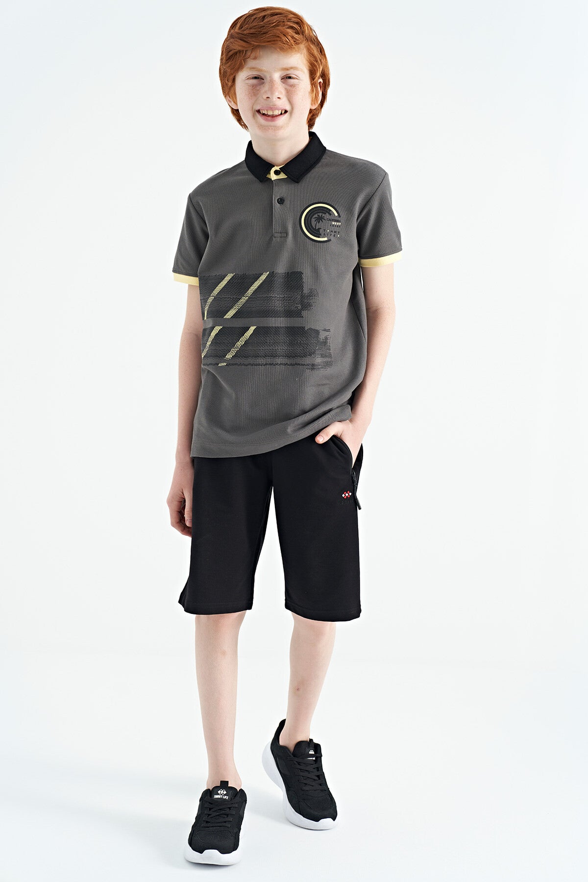 Dark Grey Print Detailed Polo Collar Standard Fit Boys T-Shirt - 11094