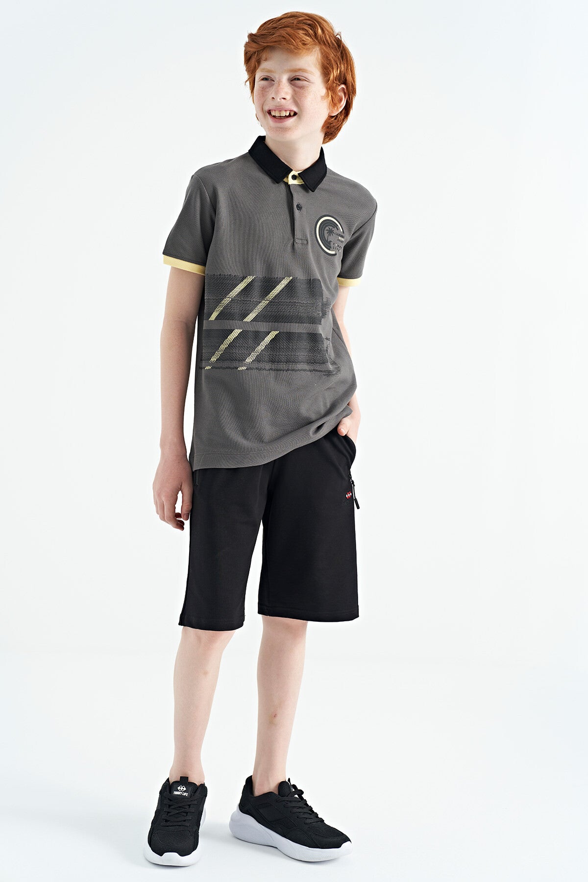 Dark Grey Print Detailed Polo Collar Standard Fit Boys T-Shirt - 11094