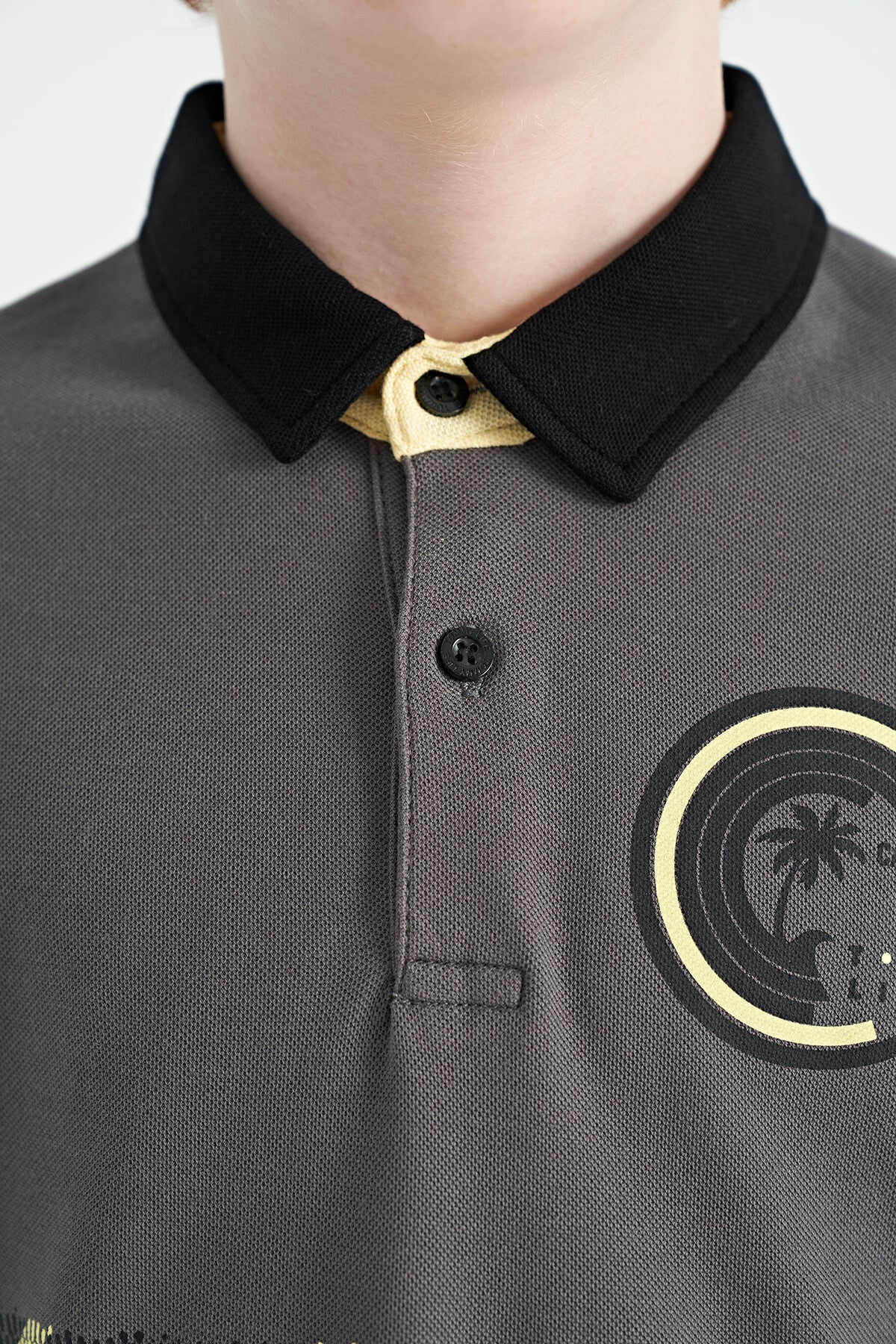 Dark Grey Print Detailed Polo Collar Standard Fit Boys T-Shirt - 11094
