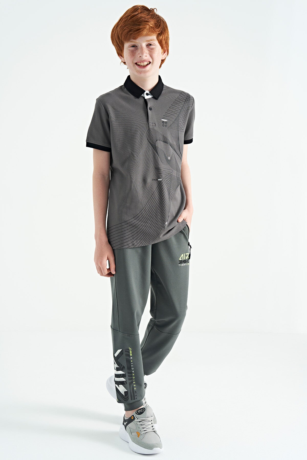 Dark Grey Print Detailed Standard Fit Polo Collar Boys T-Shirt - 11164