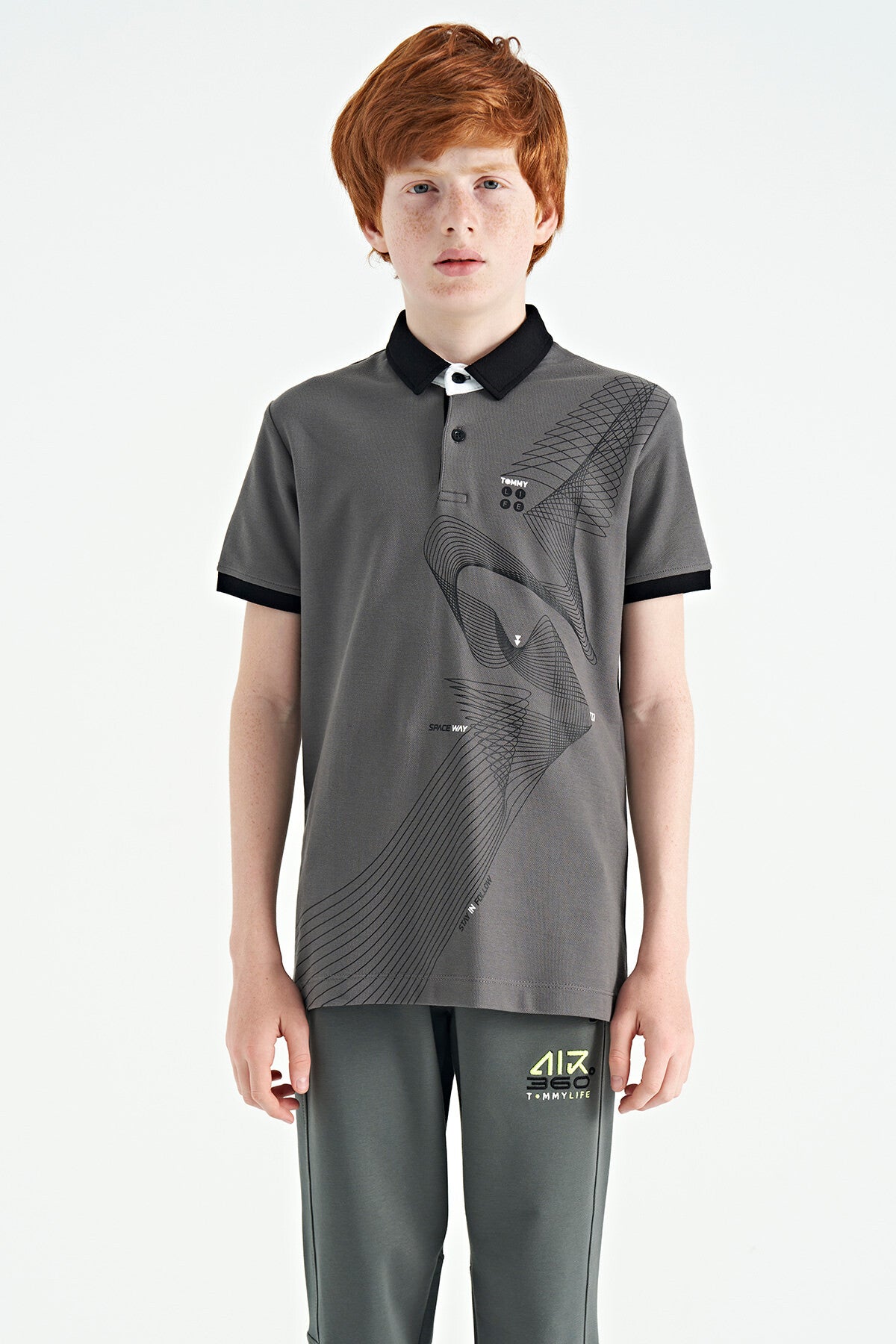 Dark Grey Print Detailed Standard Fit Polo Collar Boys T-Shirt - 11164