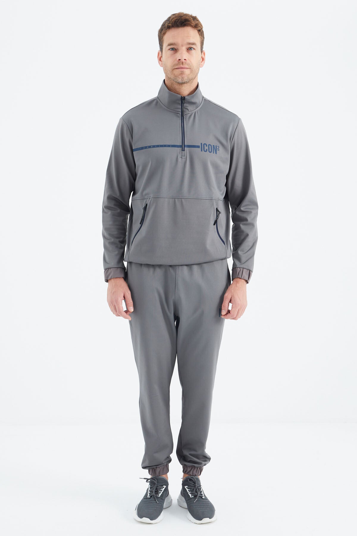 Dark Grey Stand Collar Men's Tracksuit Set - 85215