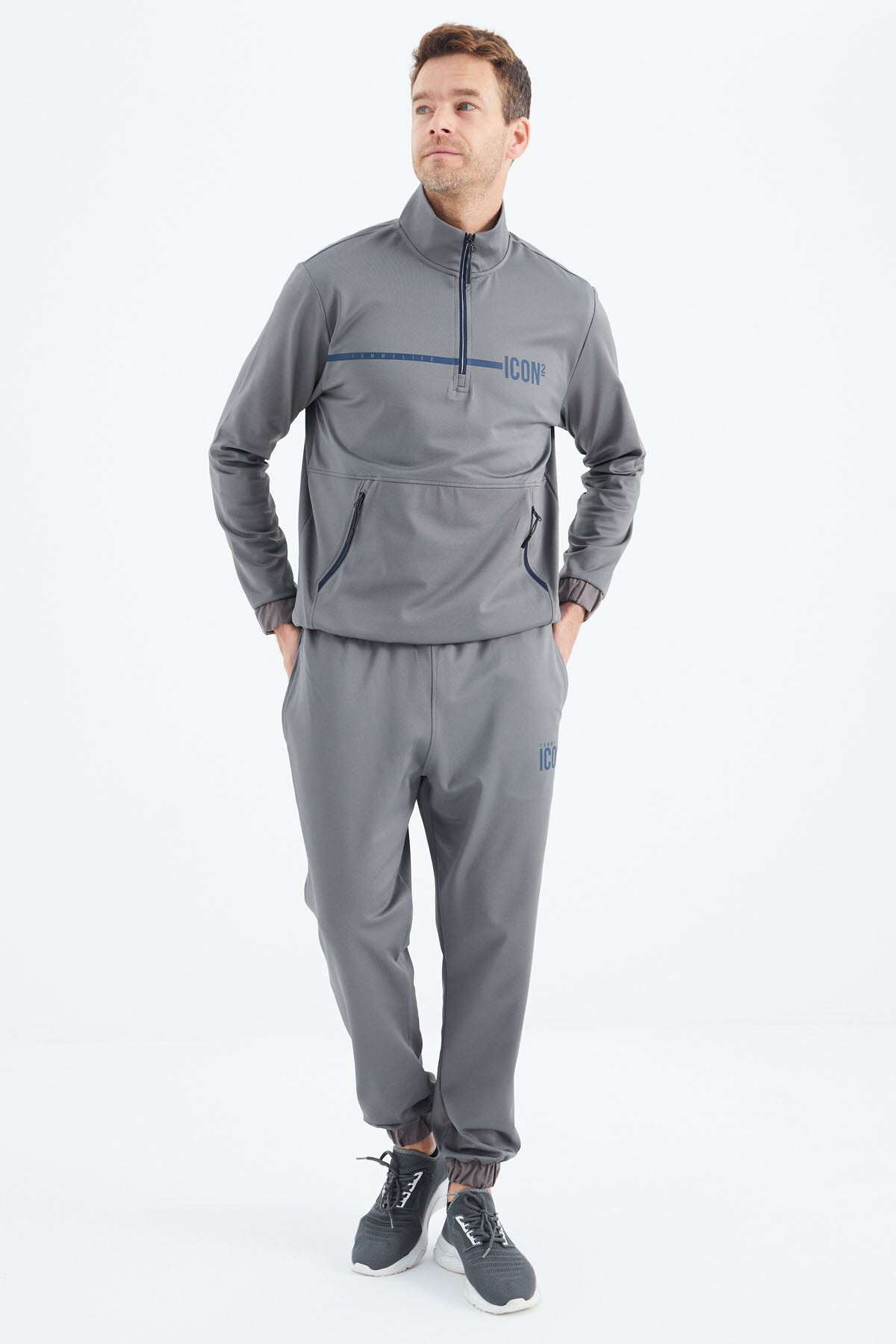 Dark Grey Stand Collar Men's Tracksuit Set - 85215