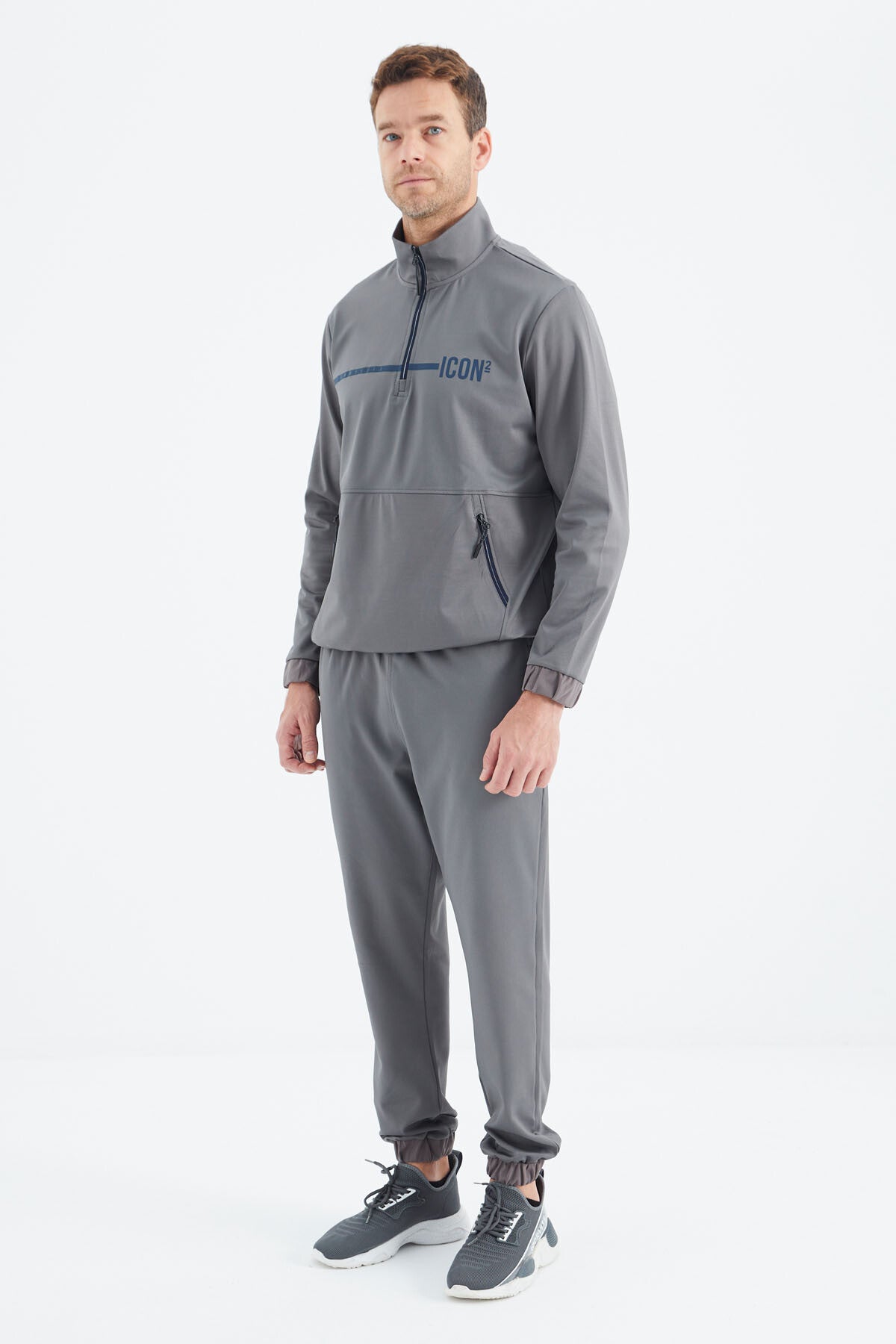 Dark Grey Stand Collar Men's Tracksuit Set - 85215