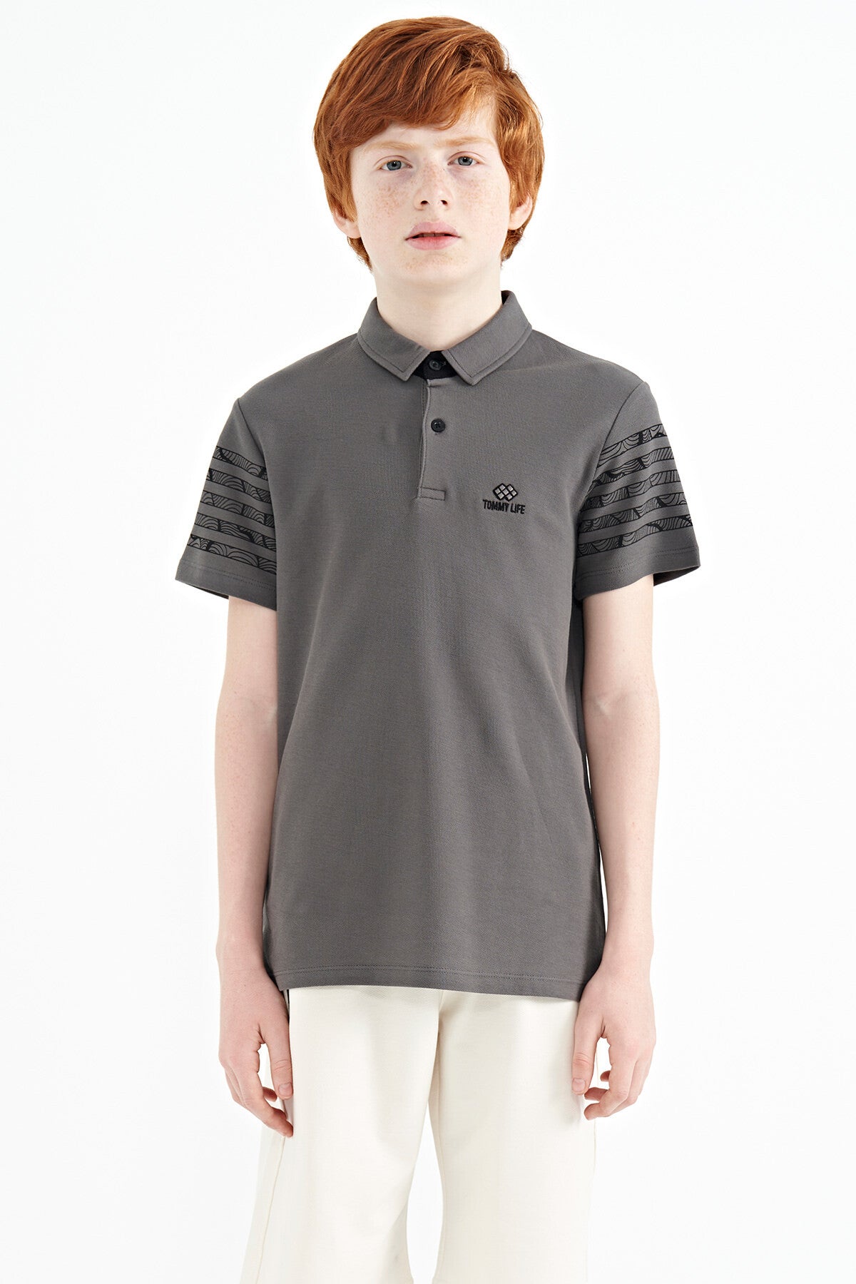 Dark Grey Sleeve Print Detailed Standard Fit Polo Collar Boys T-Shirt - 11093