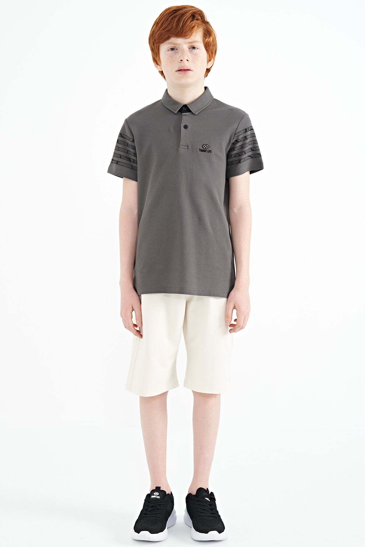 Dark Grey Sleeve Print Detailed Standard Fit Polo Collar Boys T-Shirt - 11093
