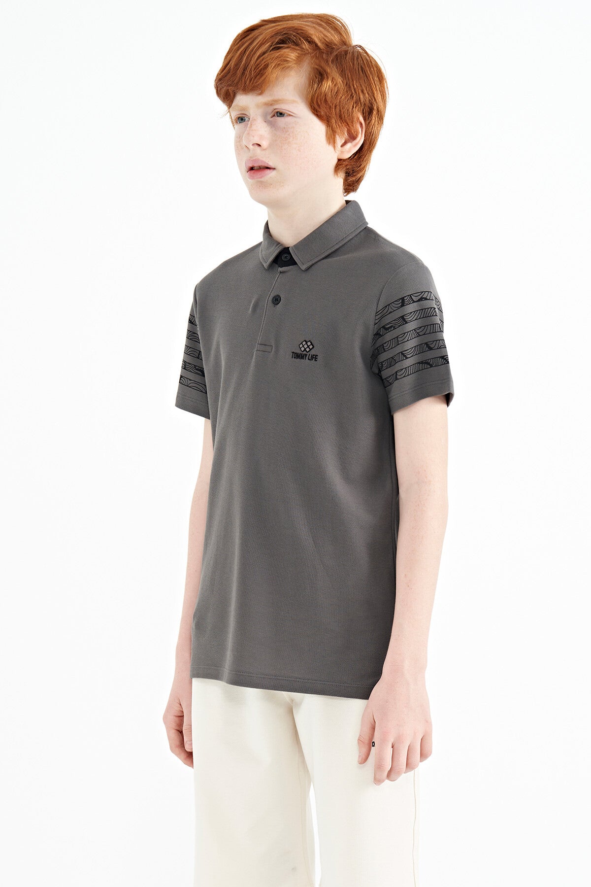Dark Grey Sleeve Print Detailed Standard Fit Polo Collar Boys T-Shirt - 11093