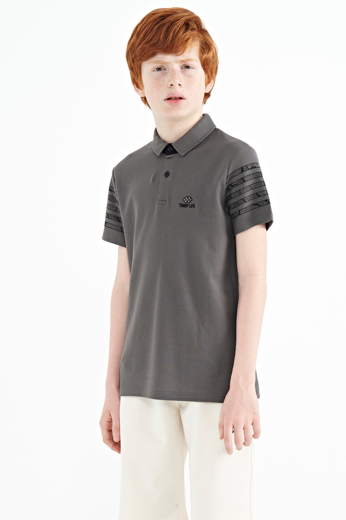 Dark Grey Sleeve Print Detailed Standard Fit Polo Collar Boys T-Shirt - 11093