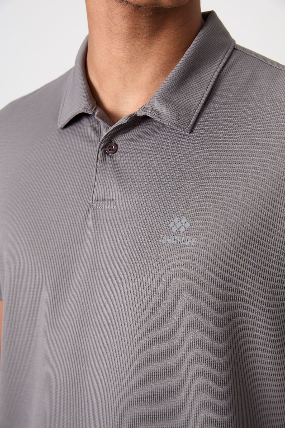 Dark Grey Logo Printed Standard Fit Polo Collar Active Sport Men's T-Shirt - 88252