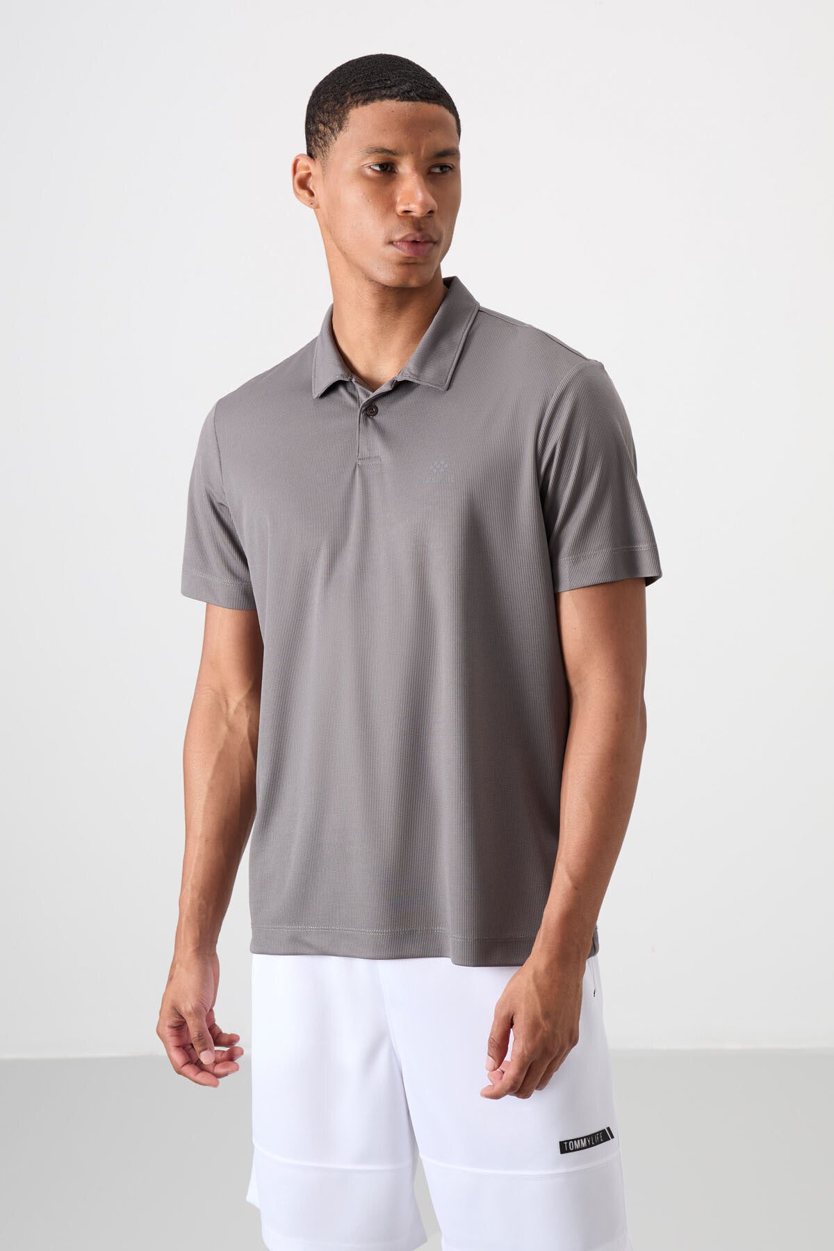 Dark Grey Logo Printed Standard Fit Polo Collar Active Sport Men's T-Shirt - 88252