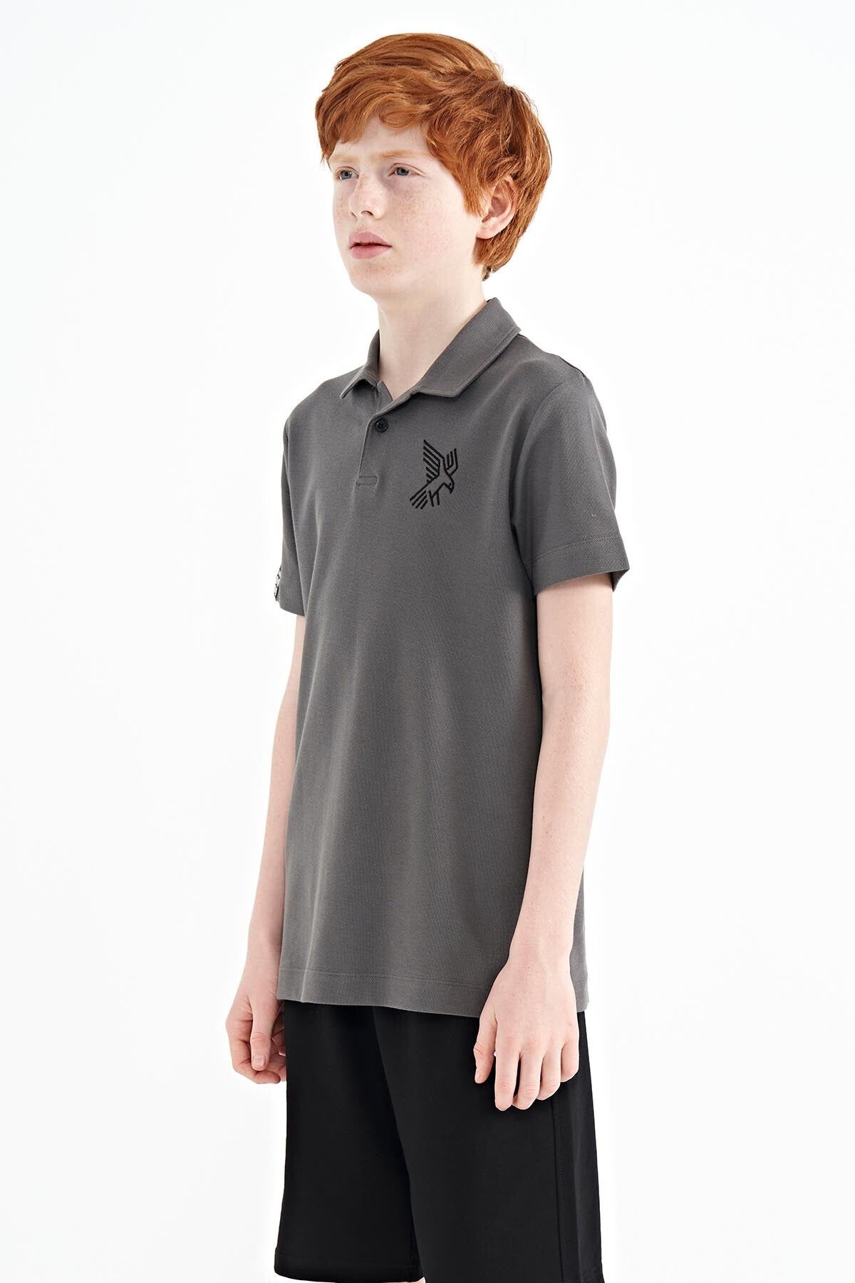 Dark Gray Minimal Embroidery Detailed Standard Pattern Polo Collar Boys T-Shirt - 11084