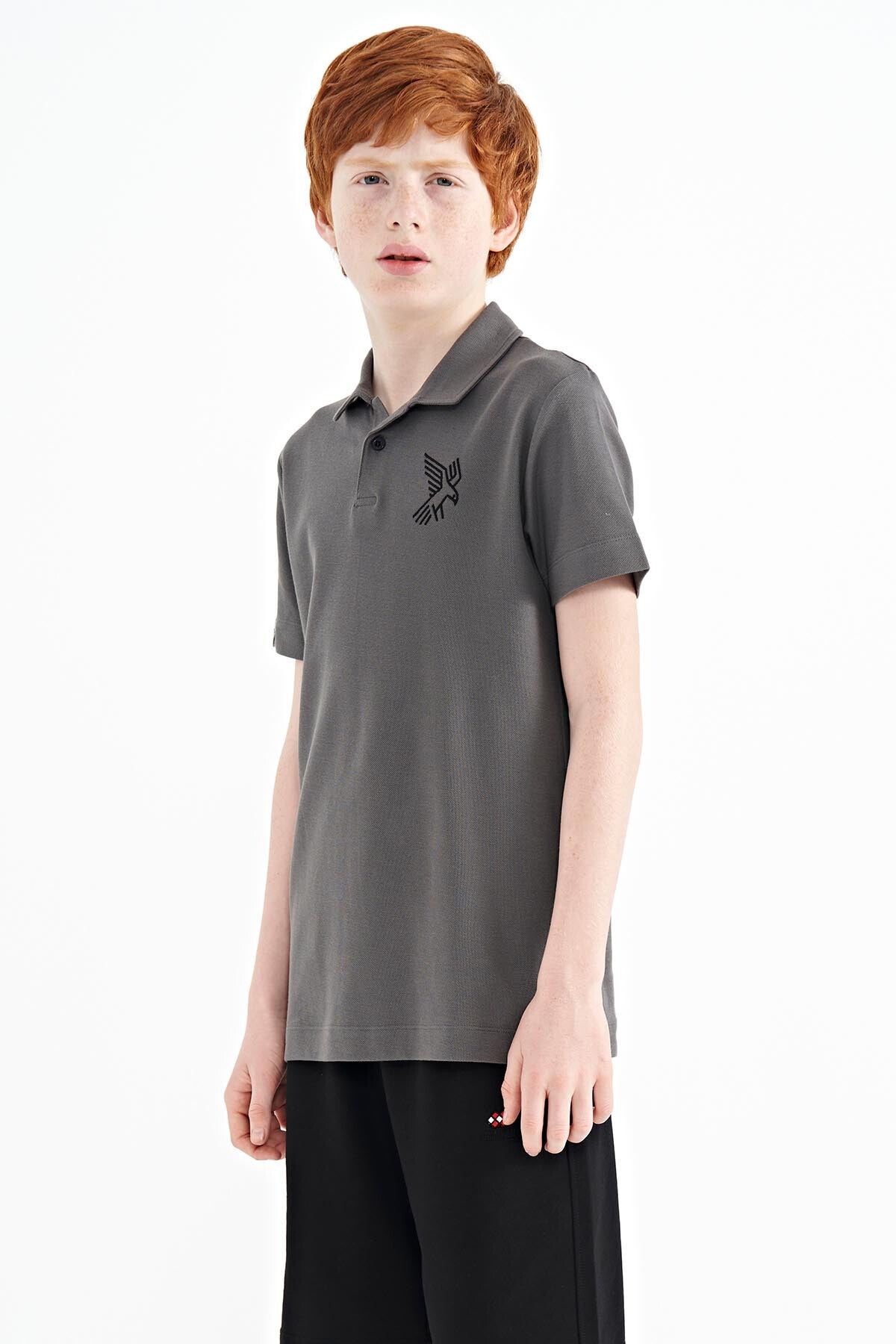 Dark Gray Minimal Embroidery Detailed Standard Pattern Polo Collar Boys T-Shirt - 11084