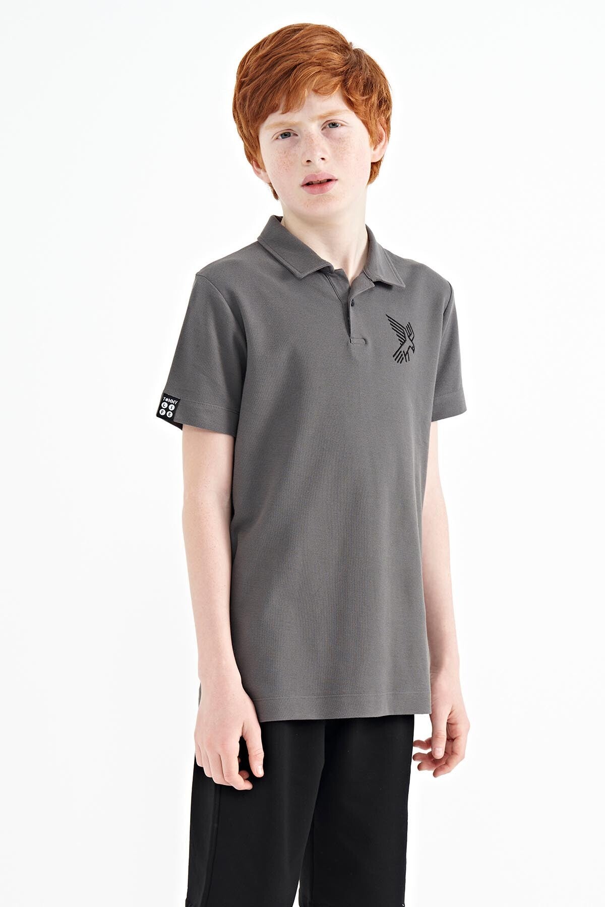 Dark Gray Minimal Embroidery Detailed Standard Pattern Polo Collar Boys T-Shirt - 11084